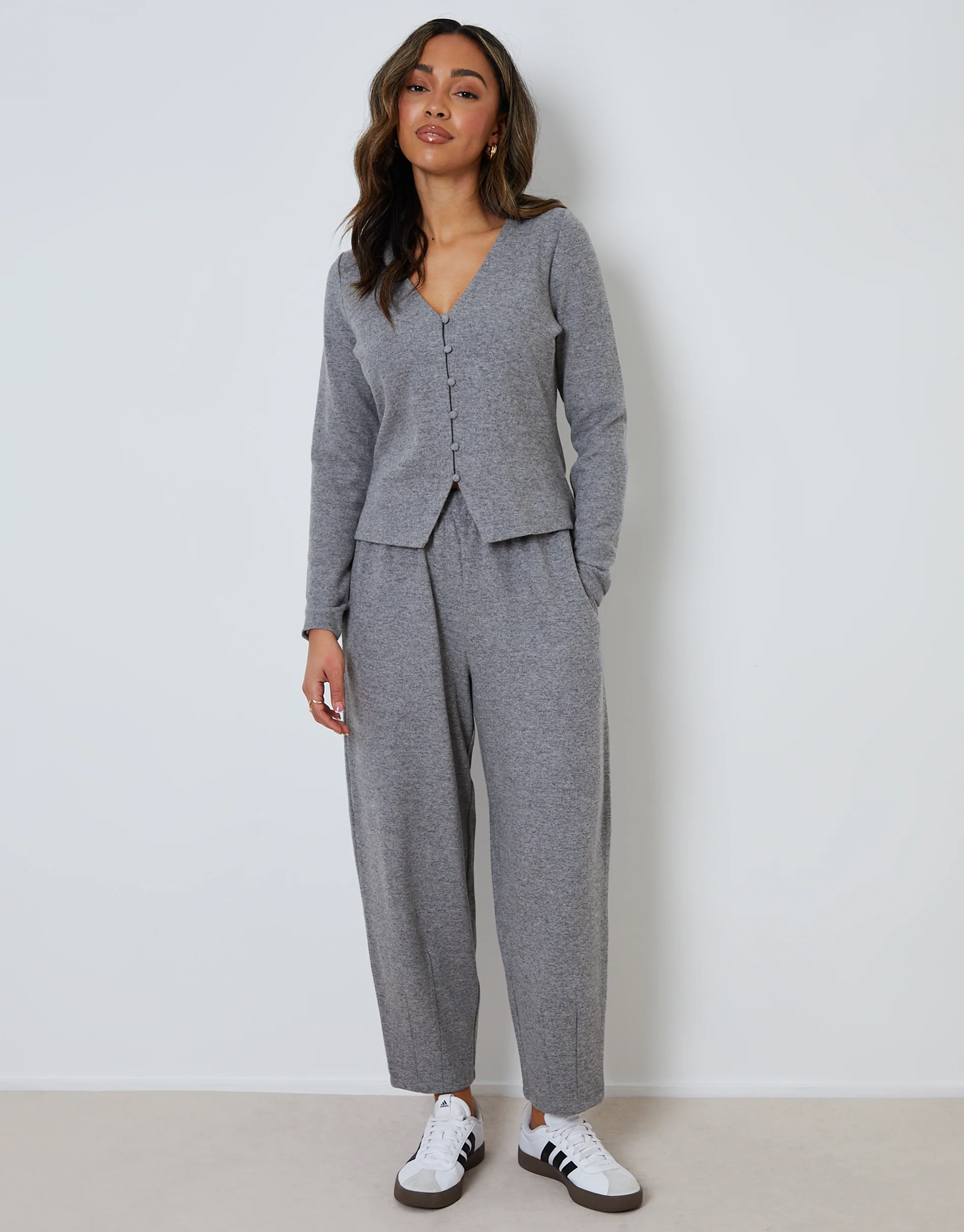 High Waisted Ribbed Barrel Leg Joggers in Grey