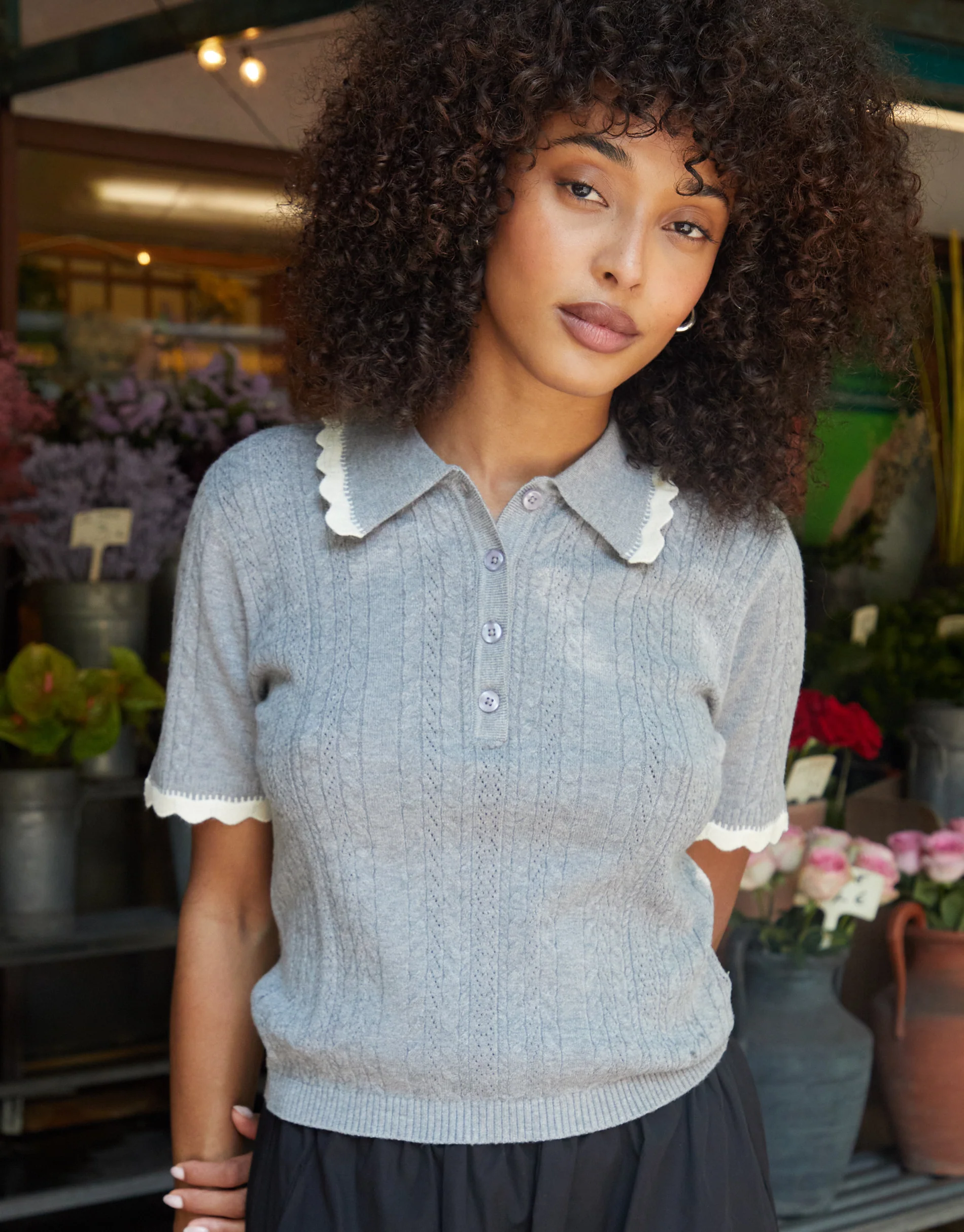 Pointelle Knit Scalloped Polo Collar Top in Grey