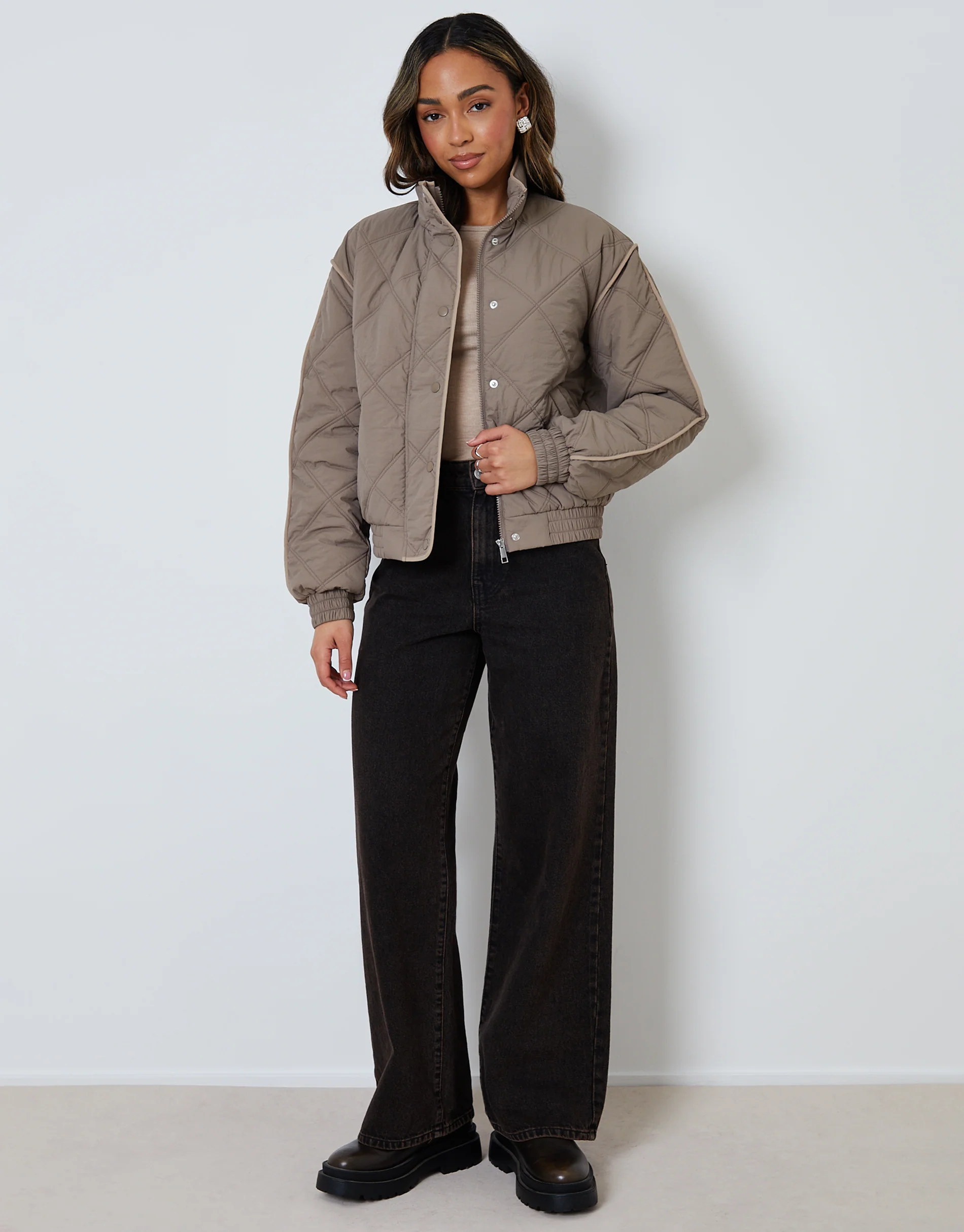 Quilted Funnel Neck Bomber Jacket in Grey - Image 4