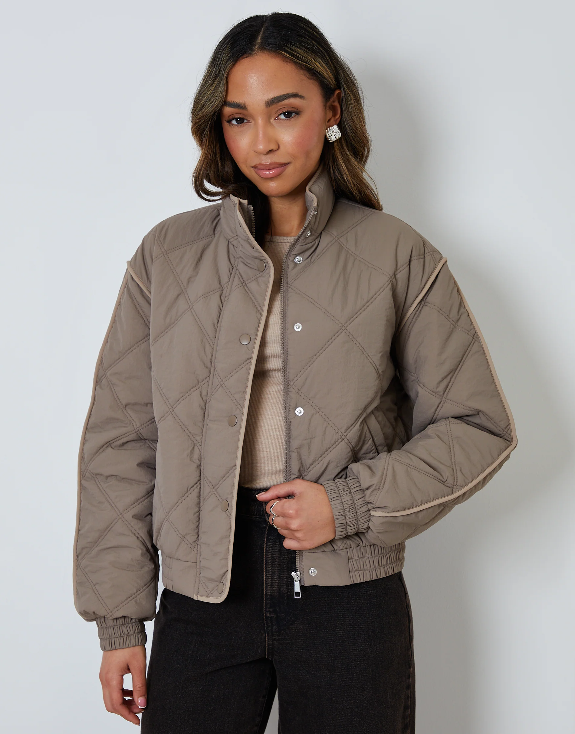 Quilted Funnel Neck Bomber Jacket in Grey - Image 5