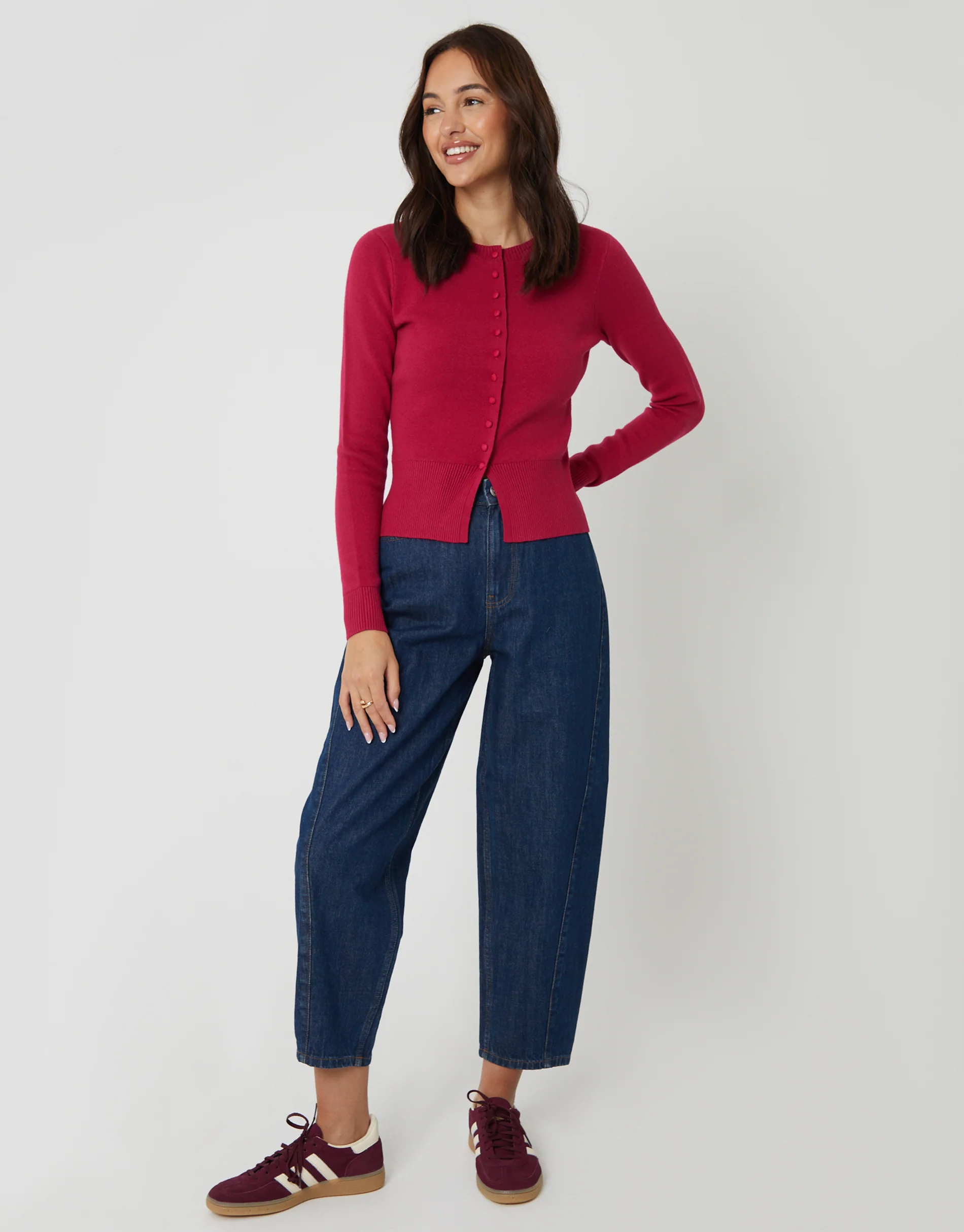 Crew Neck Compact Knitted Cardigan in Hot Pink - Image 3
