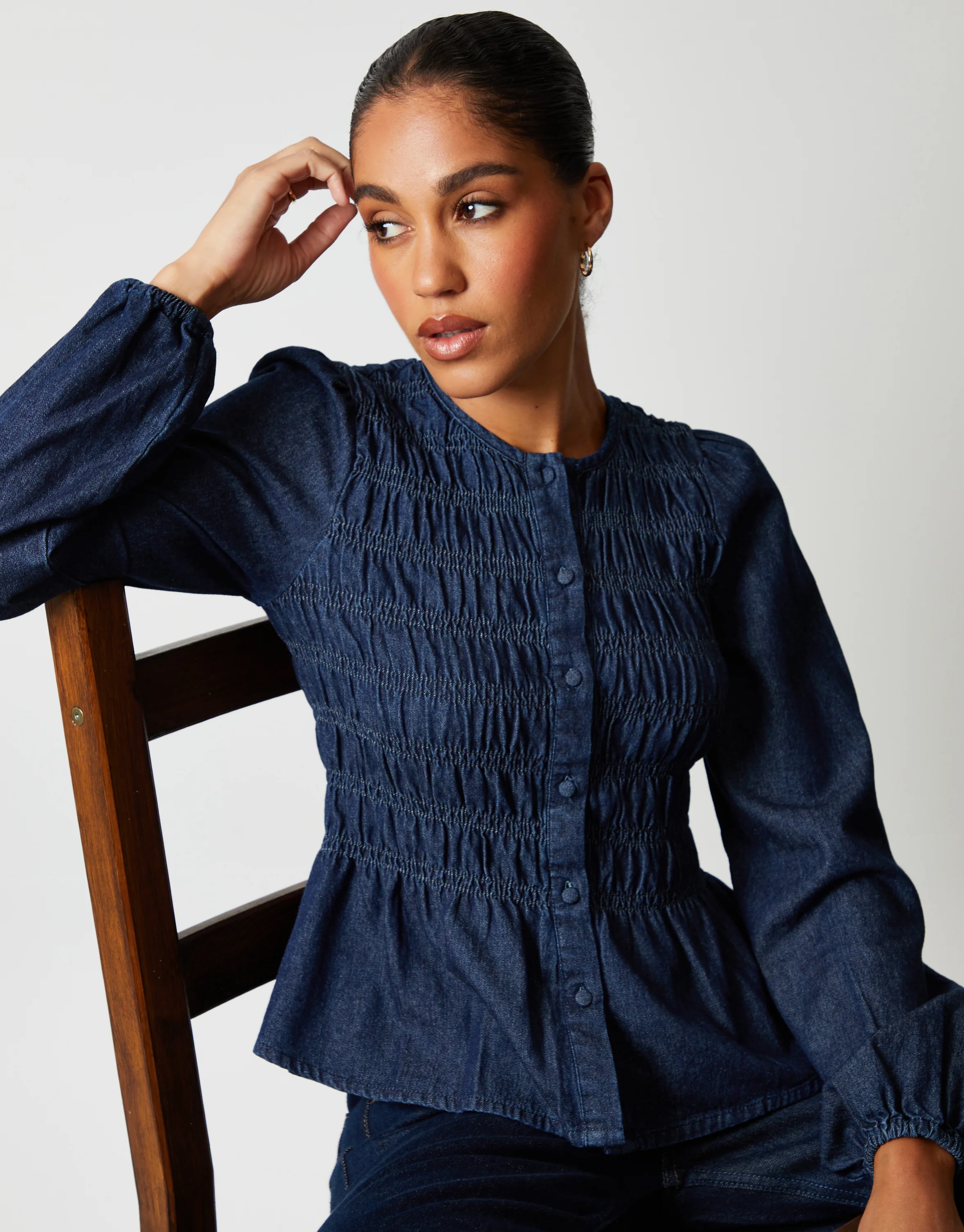 Denim Shirred Smock Blouse in Indigo Wash
