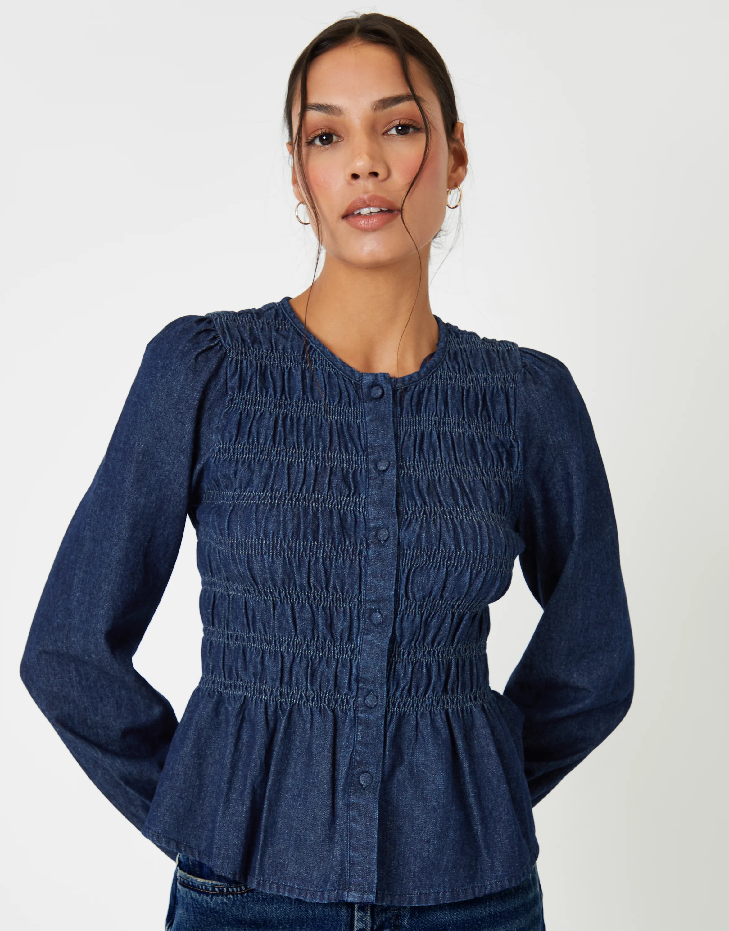Denim Shirred Smock Blouse in Indigo Wash - Image 2
