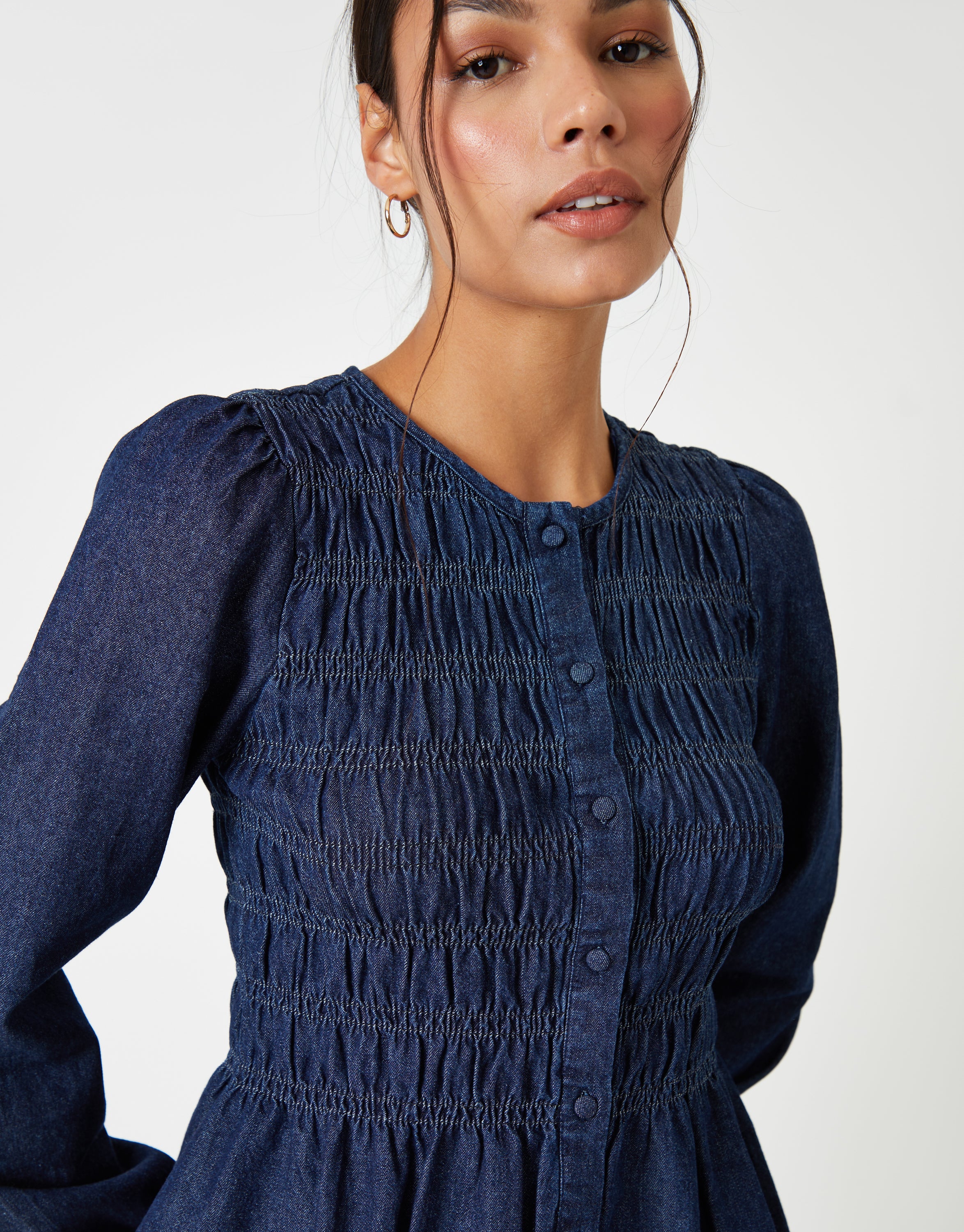 Denim Shirred Smock Blouse in Indigo Wash - Image 3