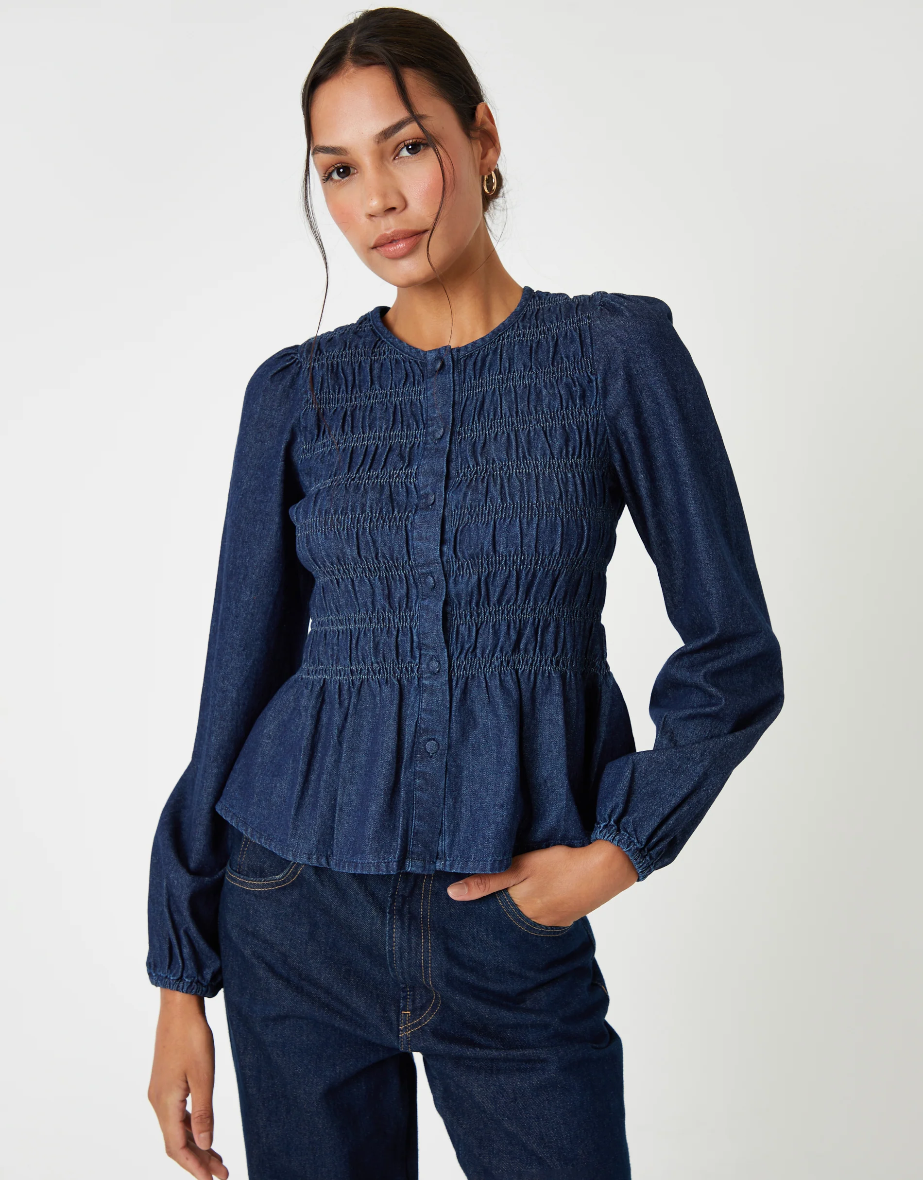 Denim Shirred Smock Blouse in Indigo Wash - Image 4