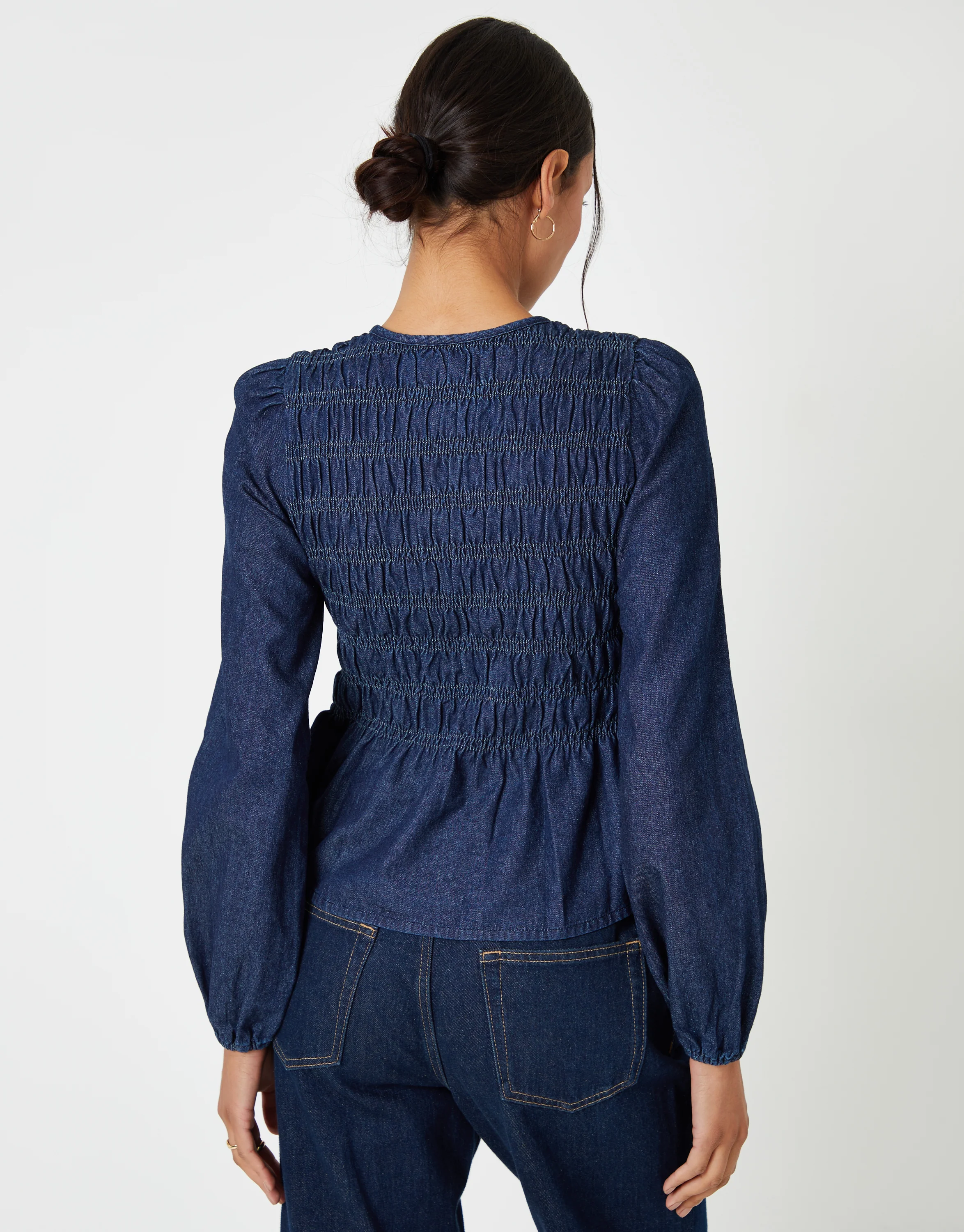 Denim Shirred Smock Blouse in Indigo Wash - Image 5
