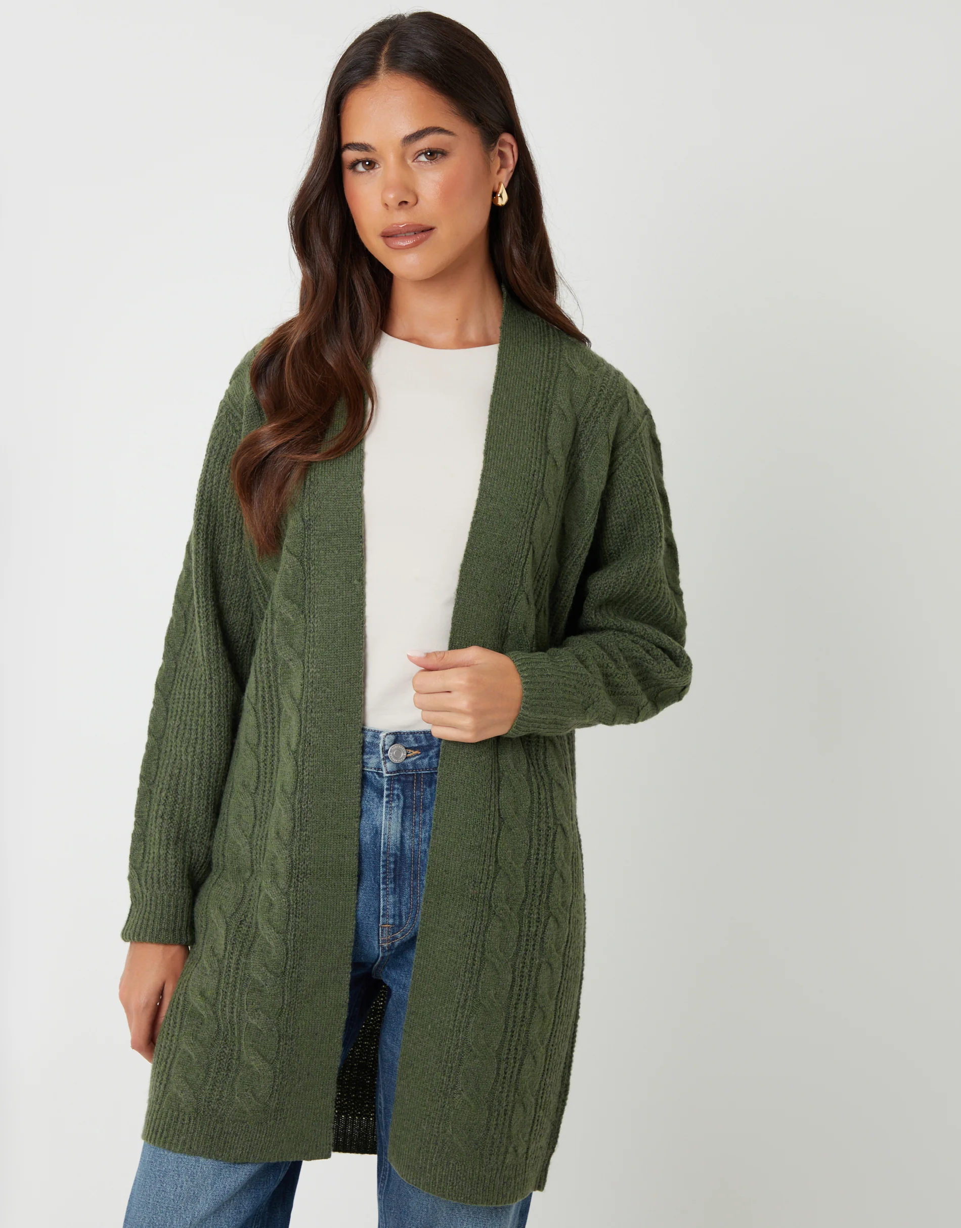Cable Knit Cardigan in Khaki Green