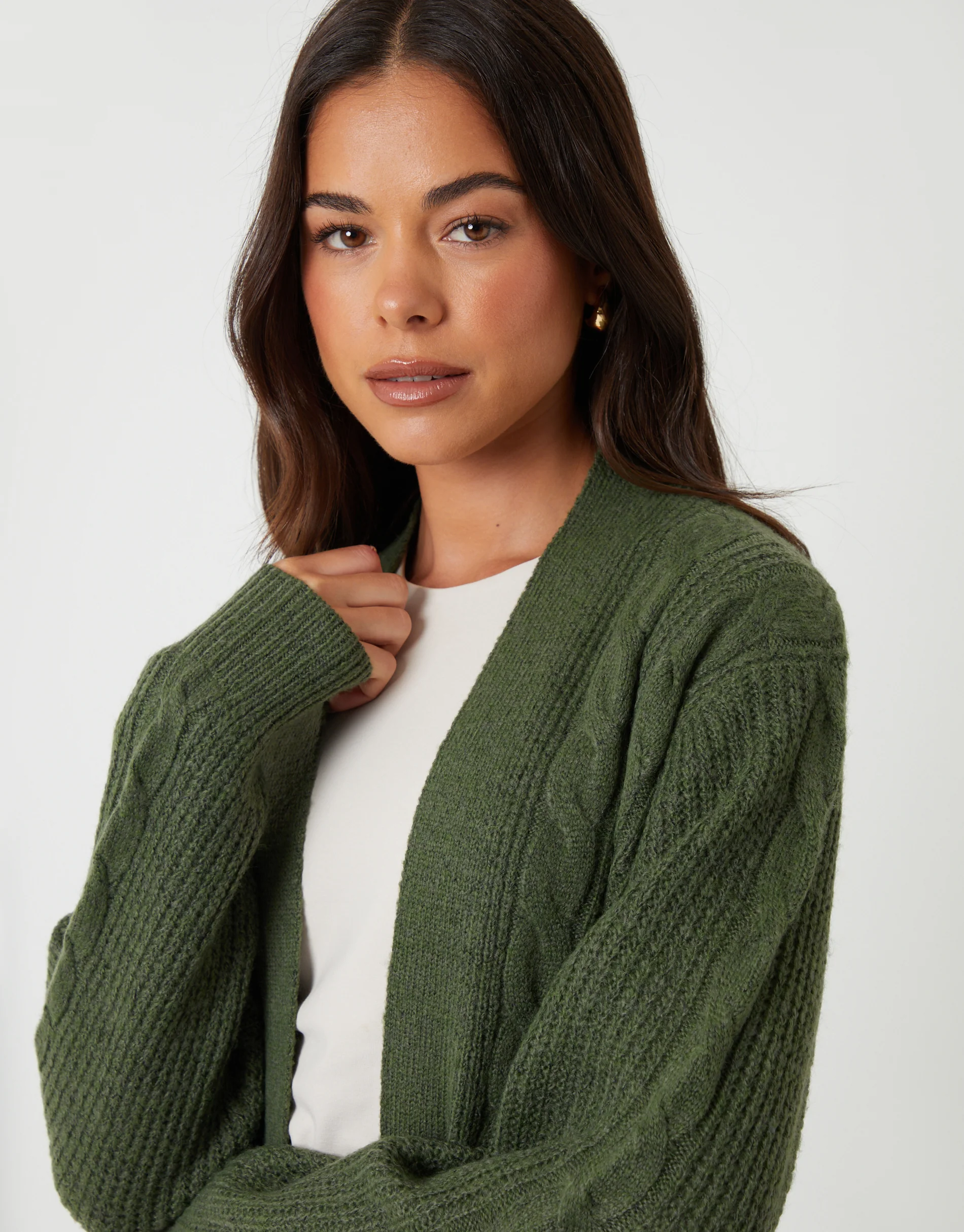 Cable Knit Cardigan in Khaki Green - Image 4