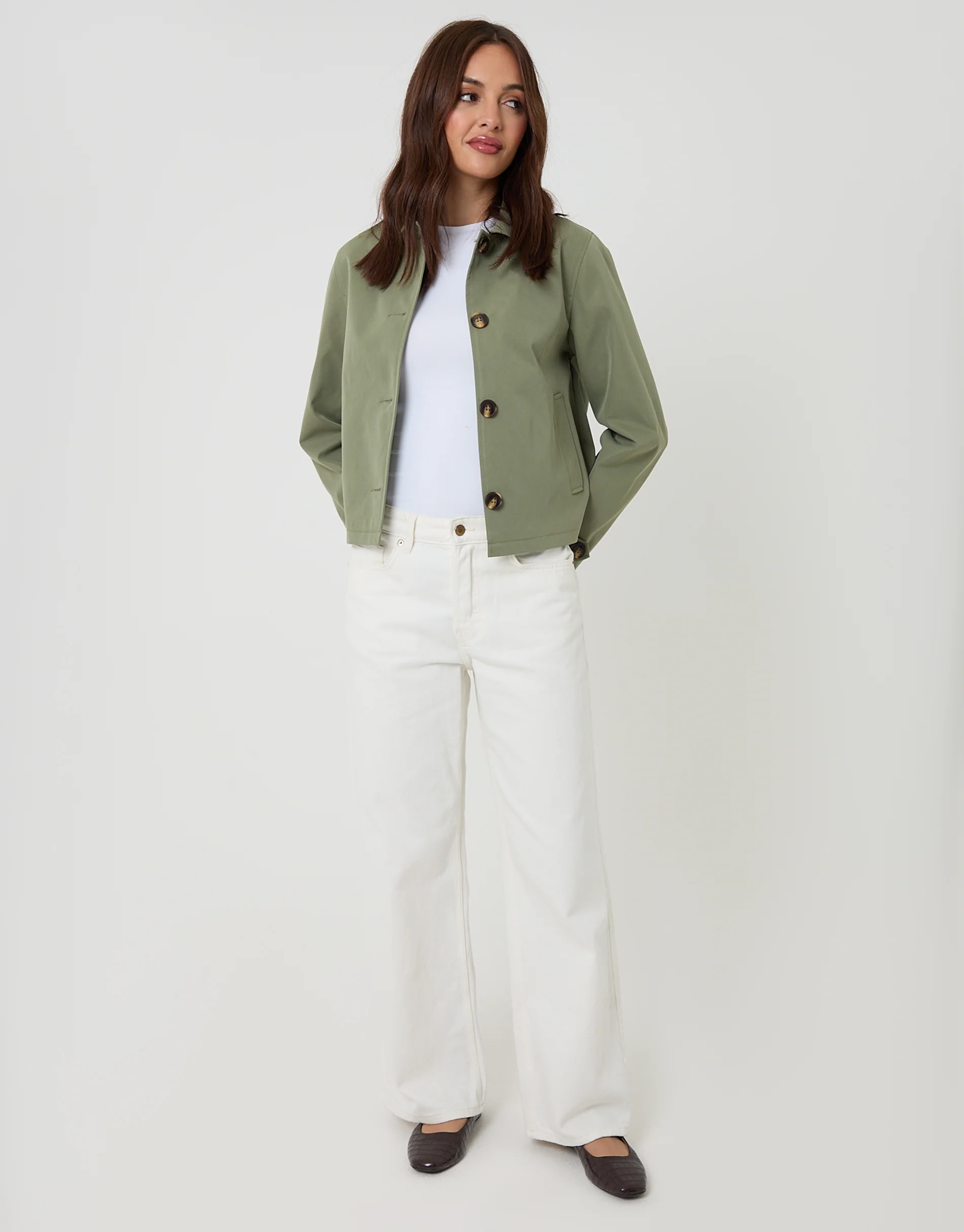 Cropped Collared Trench Coat in Khaki Green - Image 3
