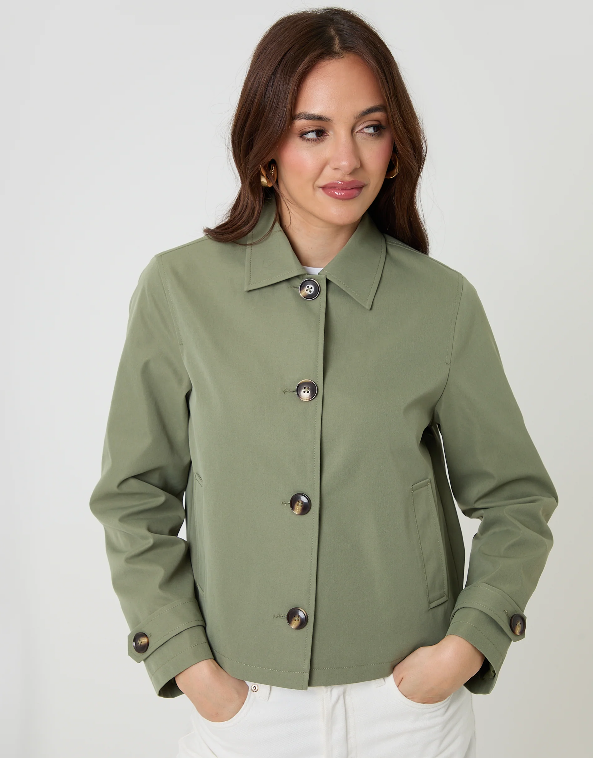 Cropped Collared Trench Coat in Khaki Green - Image 4