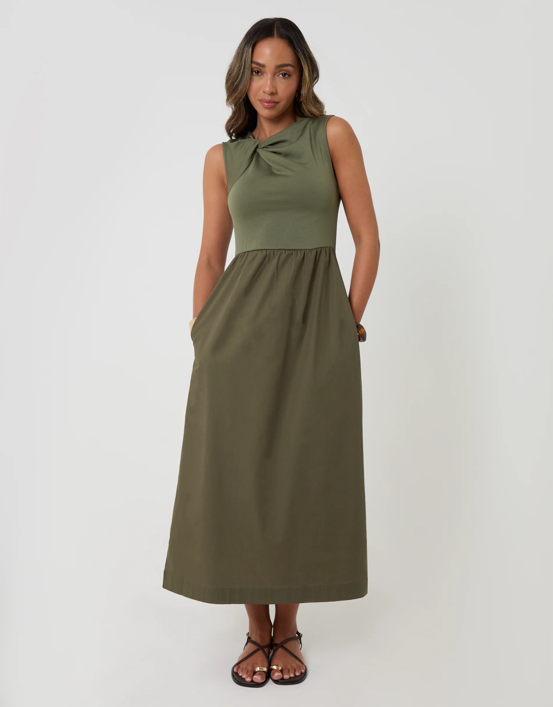 Twist Detail 2-in-1 Midi Dress with Poplin Skirt in Khaki Green
