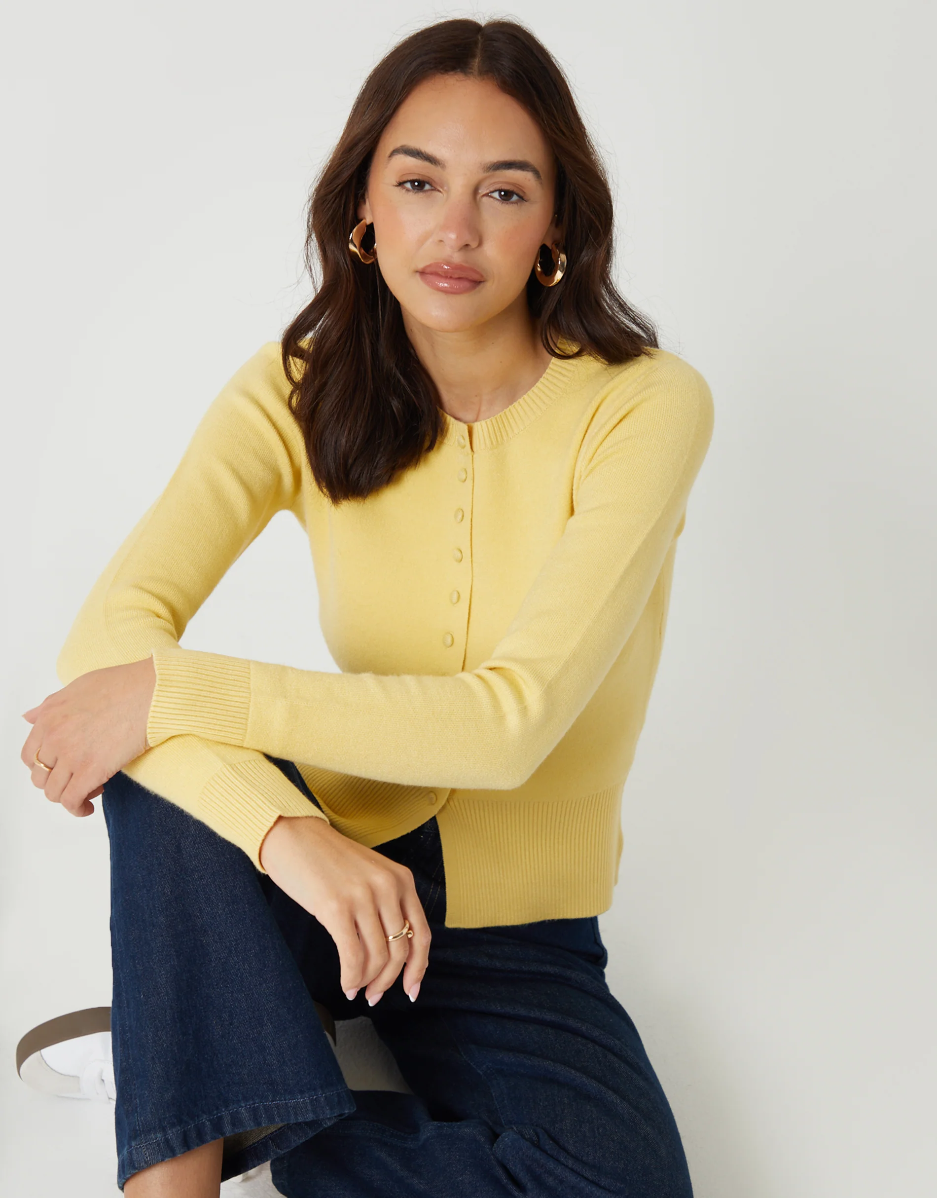 Crew Neck Compact Knitted Cardigan in Lemon Yellow