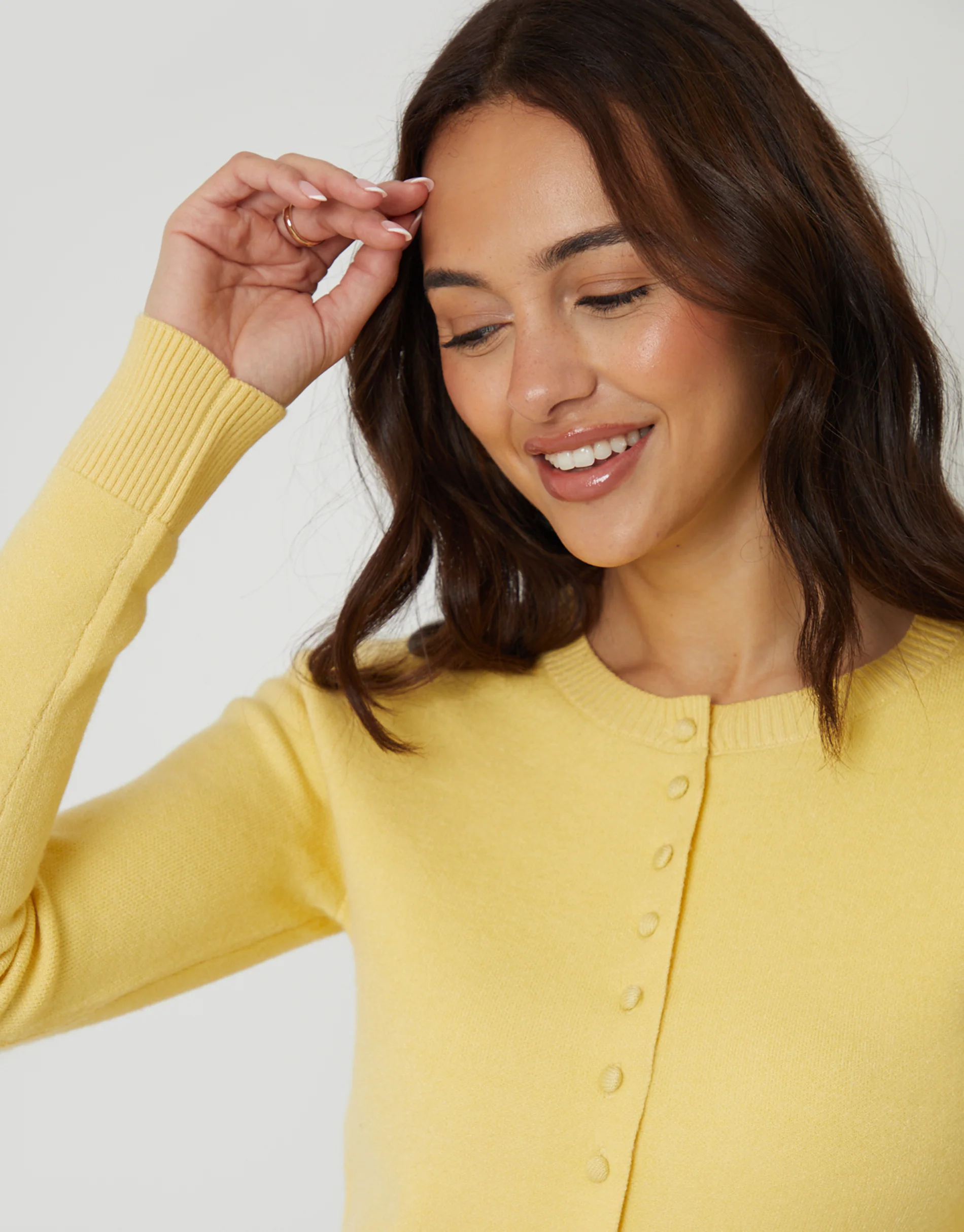 Crew Neck Compact Knitted Cardigan in Lemon Yellow - Image 5