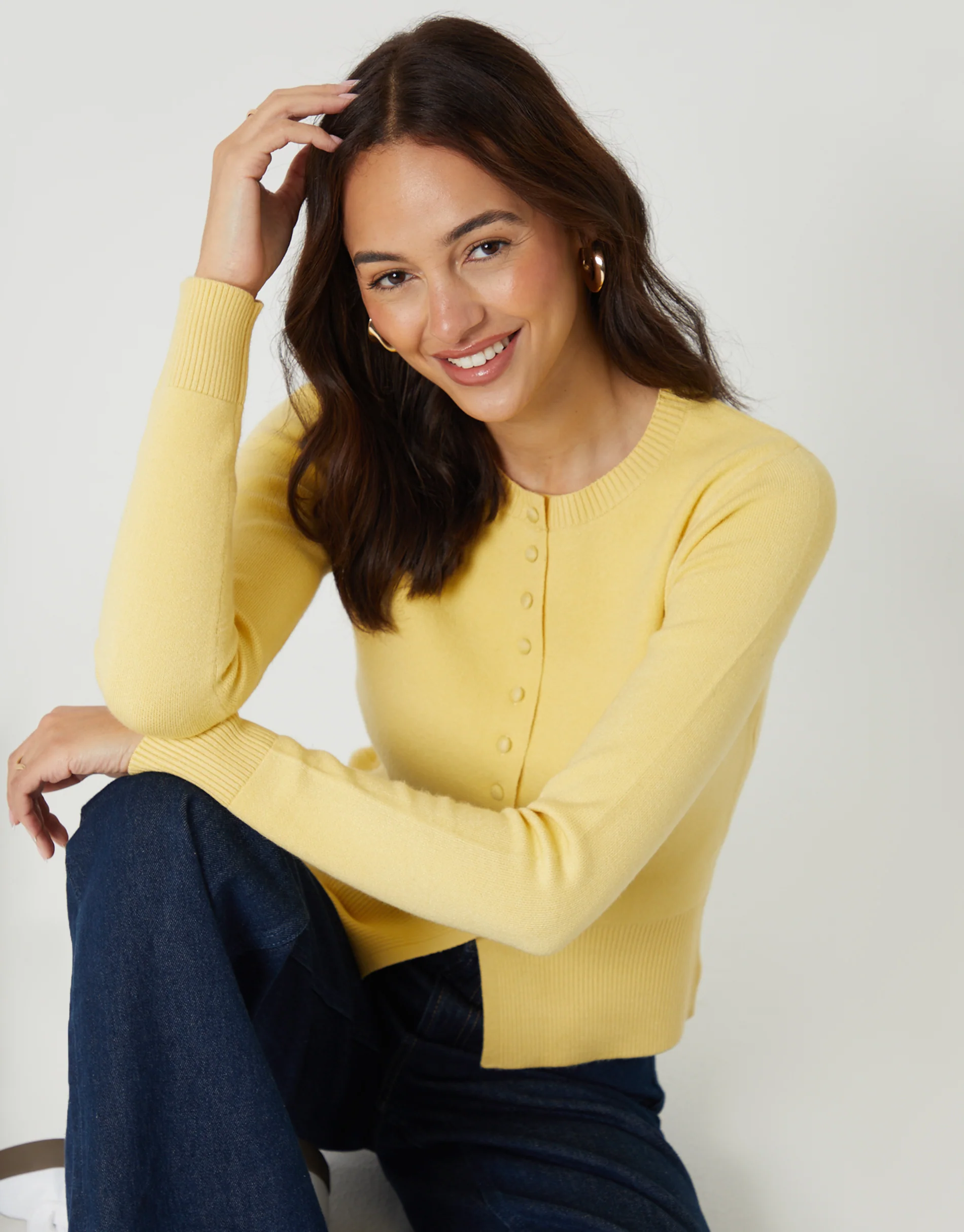 Crew Neck Compact Knitted Cardigan in Lemon Yellow - Image 6