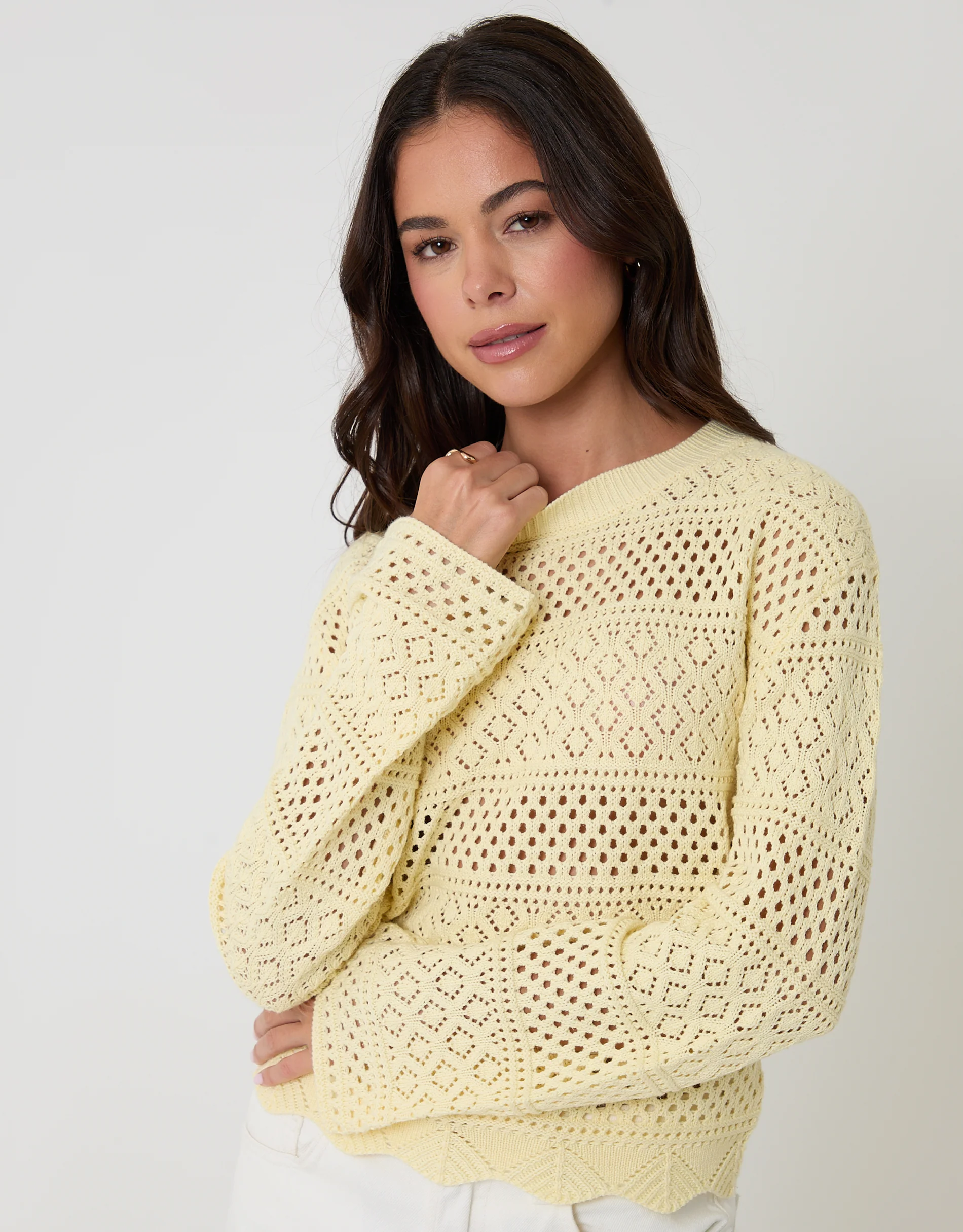Long Sleeve Pointelle Crochet Knit Jumper in Lemon Yellow