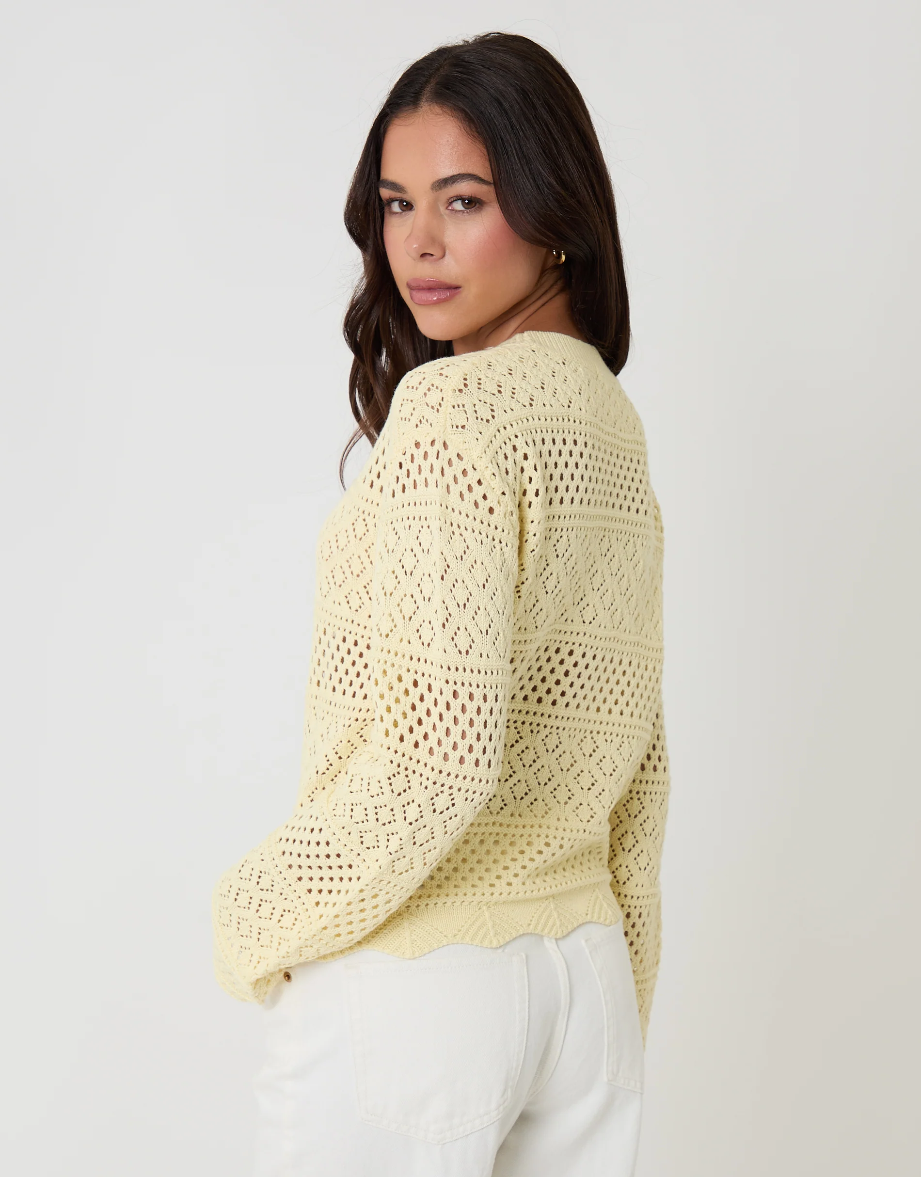 Long Sleeve Pointelle Crochet Knit Jumper in Lemon Yellow - Image 2