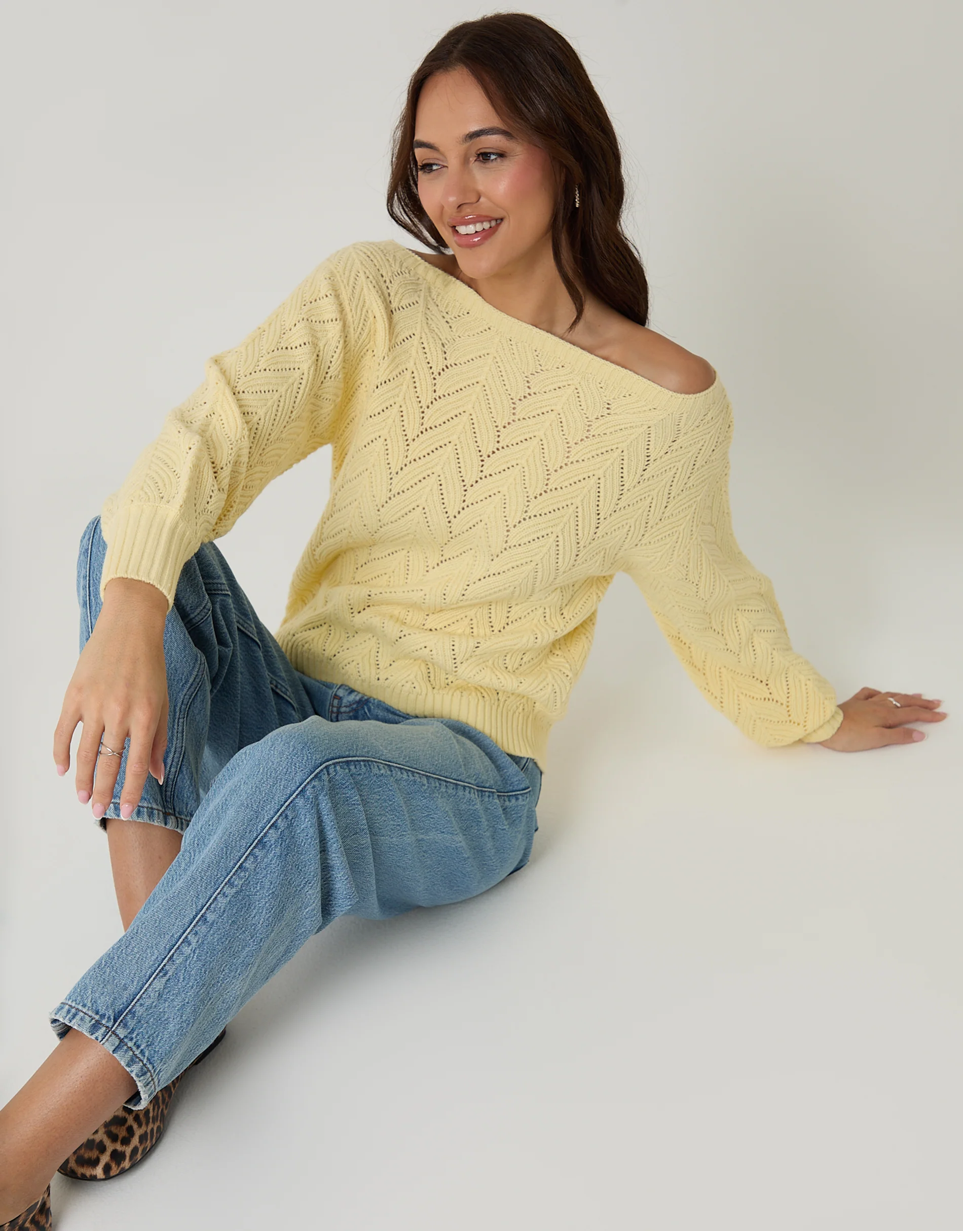 Pointelle Knit Slash Neck Jumper in Lemon Yellow