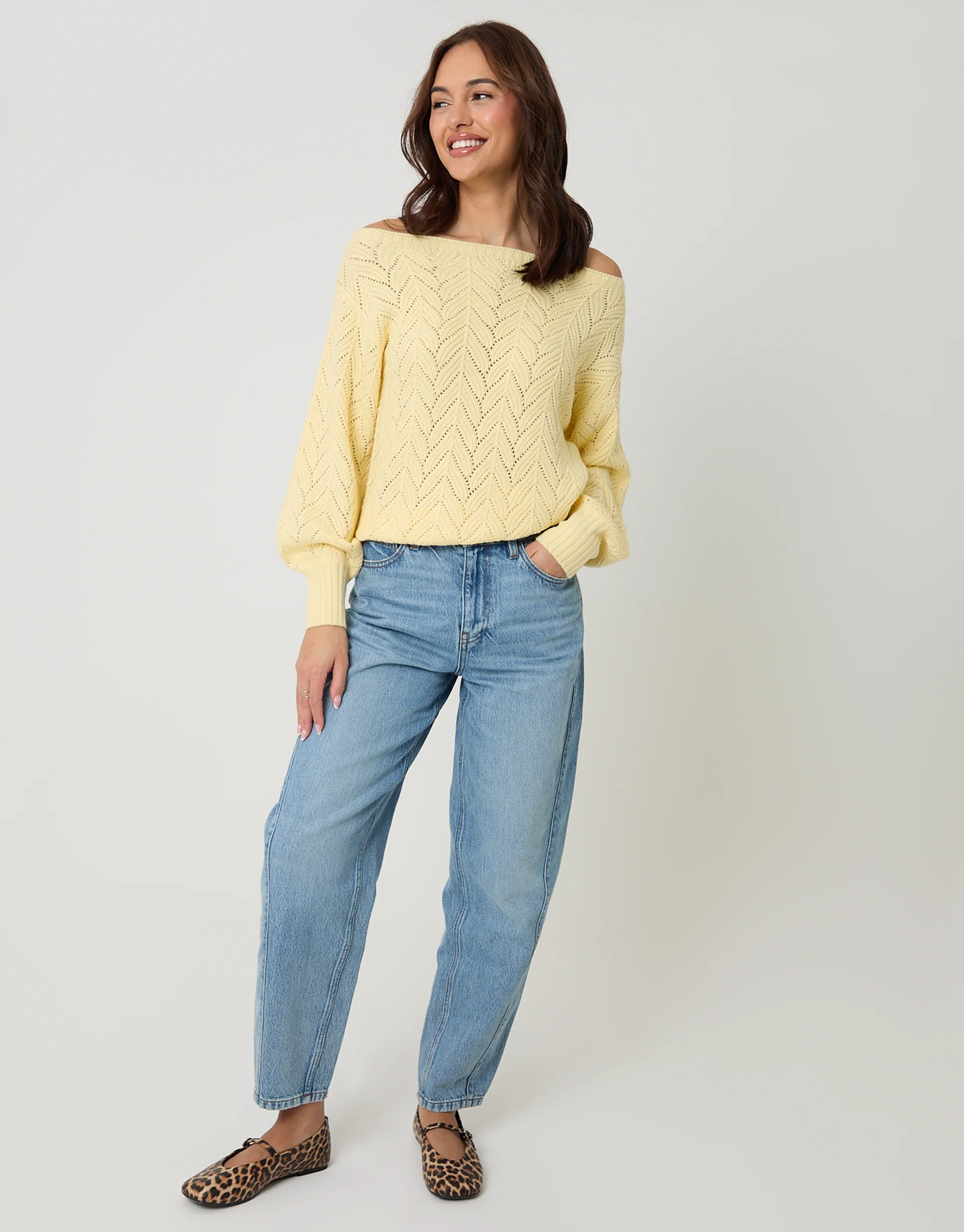Pointelle Knit Slash Neck Jumper in Lemon Yellow - Image 3