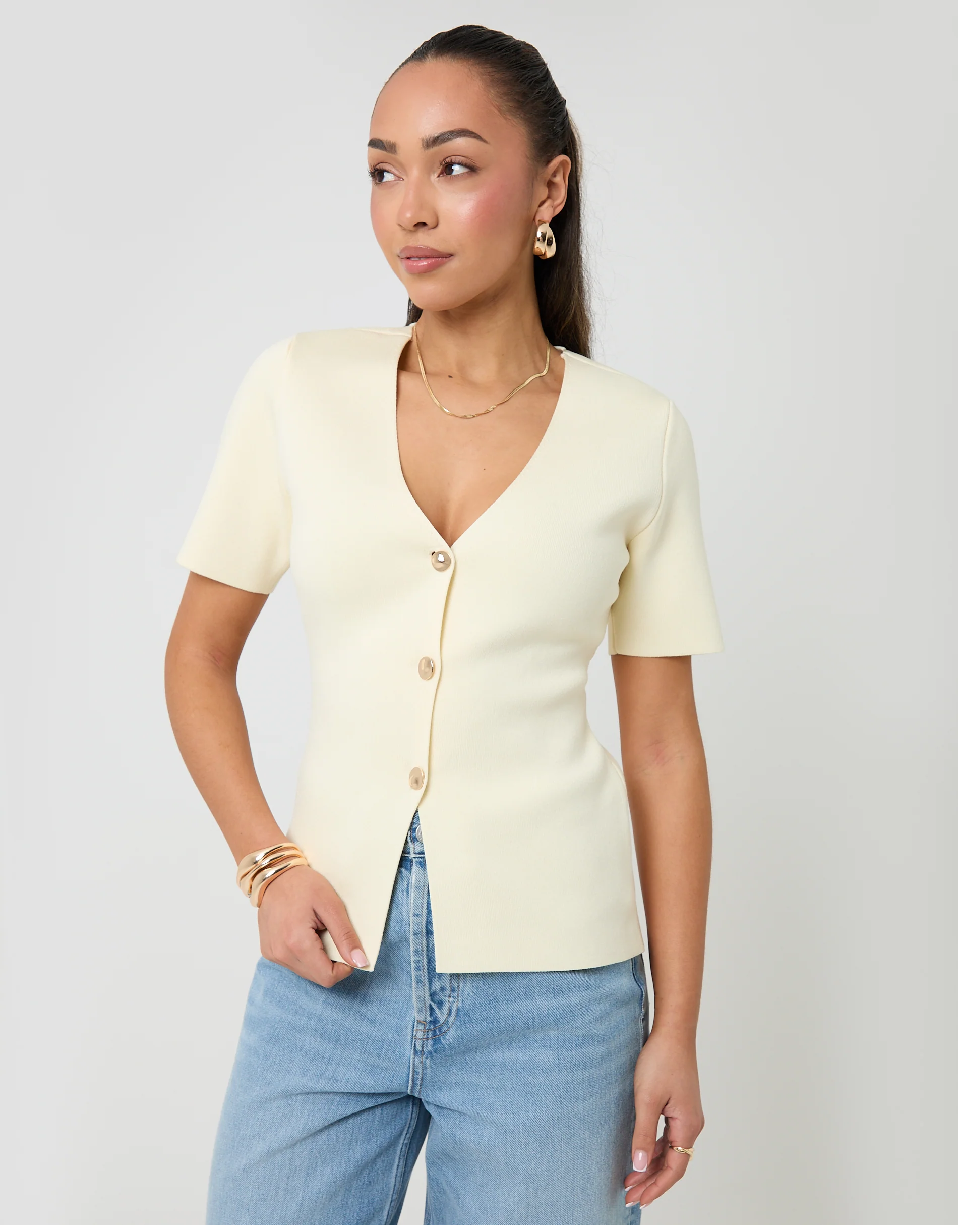 V-Neck Compact Knitted Top in Lemon Yellow - Image 5