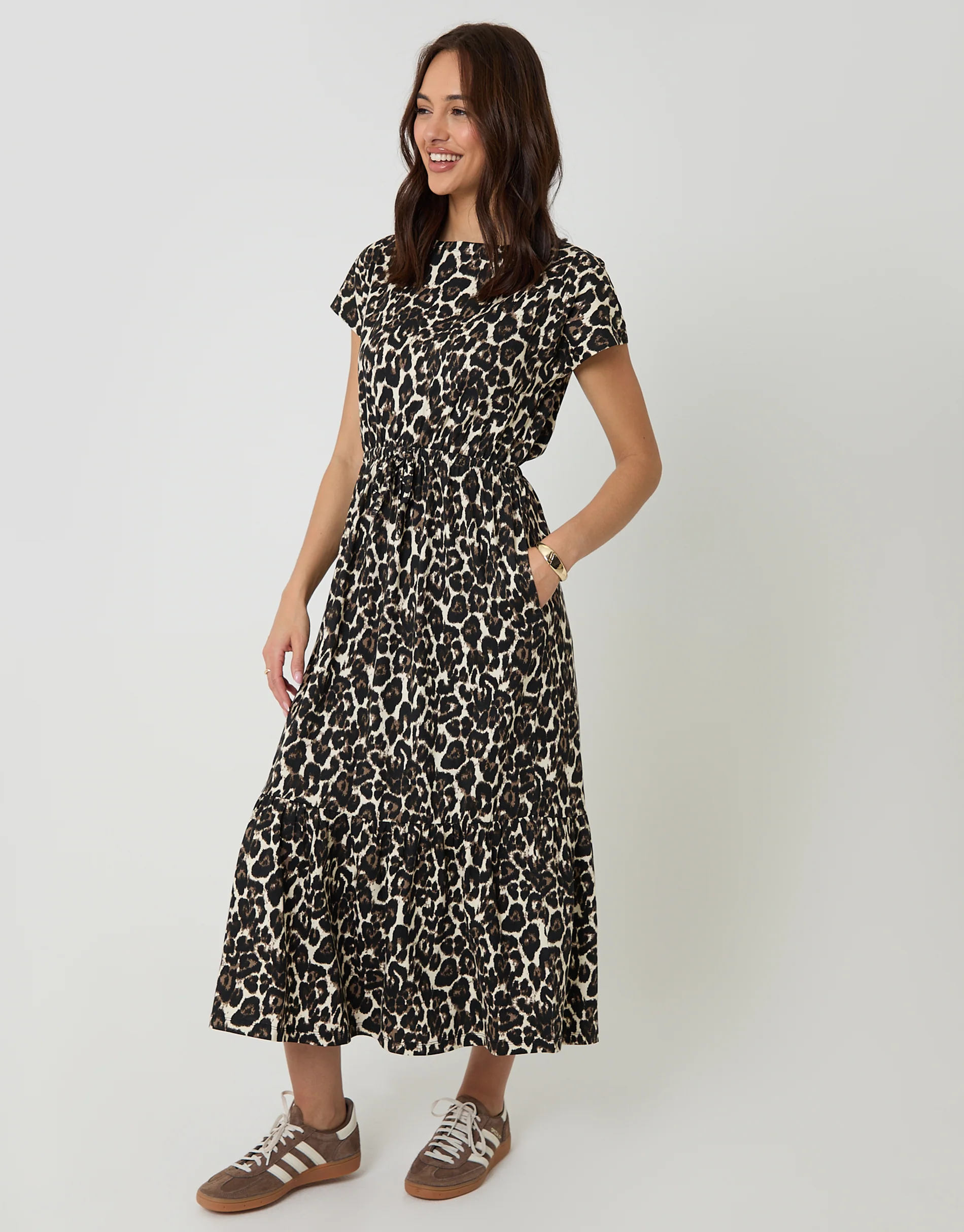 Leopard Drawstring Waist Boat Neck Cotton Jersey Maxi Dress in Leopard Print - Image 3