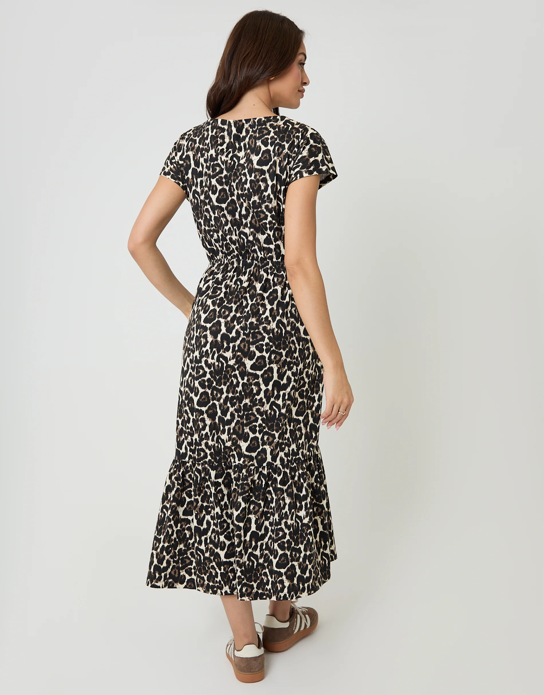 Leopard Drawstring Waist Boat Neck Cotton Jersey Maxi Dress in Leopard Print - Image 4