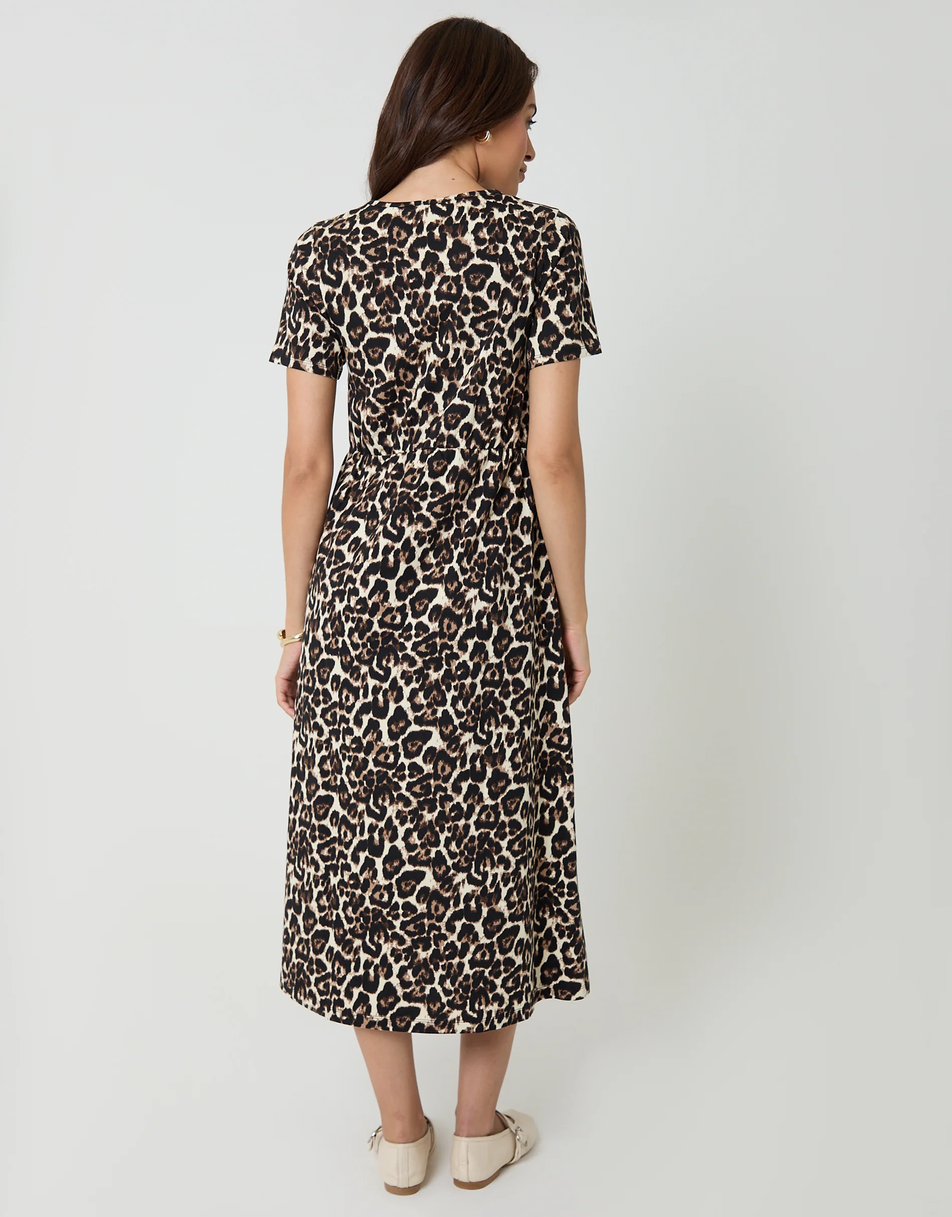 Leopard Jersey Midi Smock Dress with Pockets in Leopard Print - Image 2
