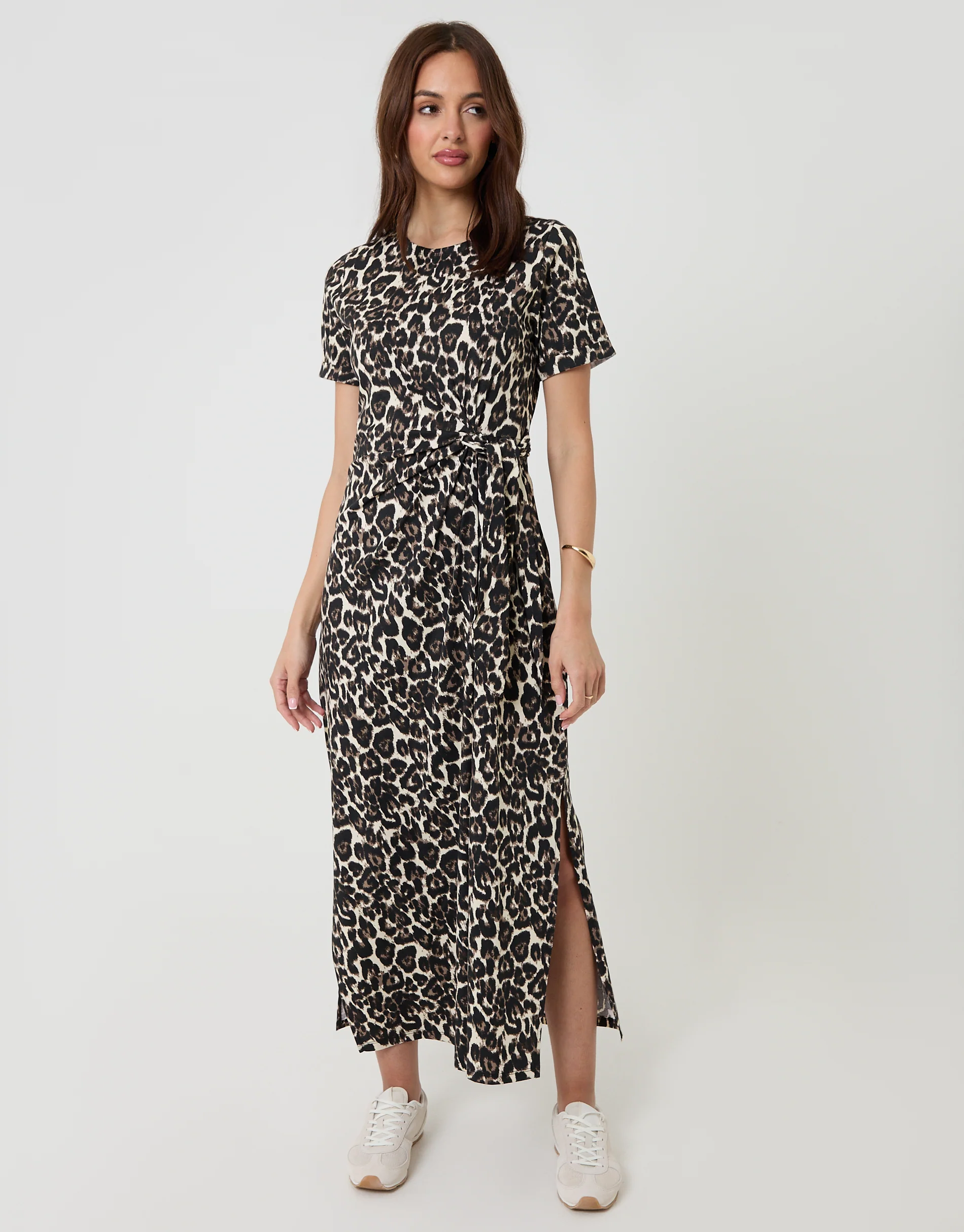 Leopard Tie Front Side Split Cotton Jersey Midi Dress in Leopard Print