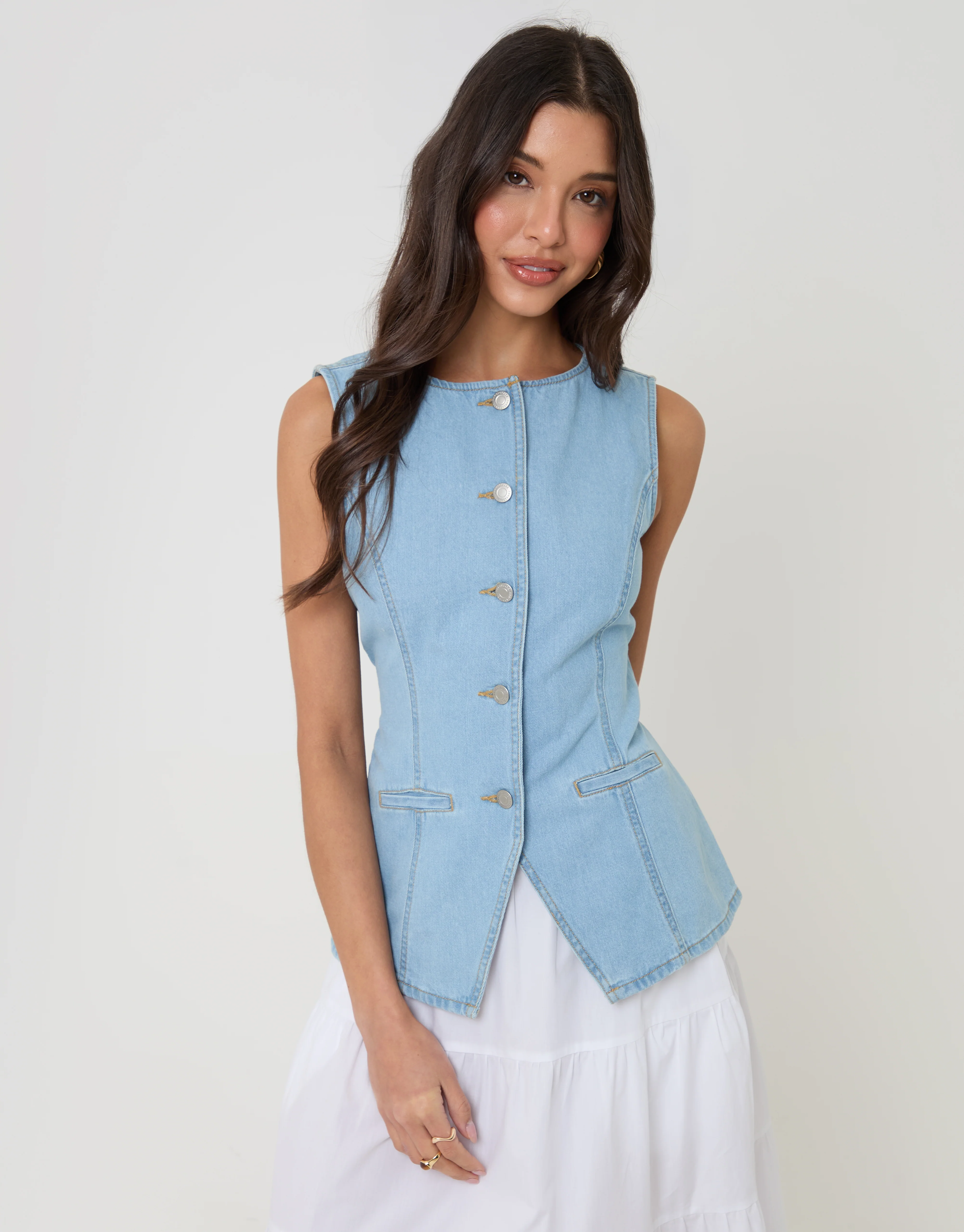 Denim Longline Waistcoat in Light Wash - Image 5