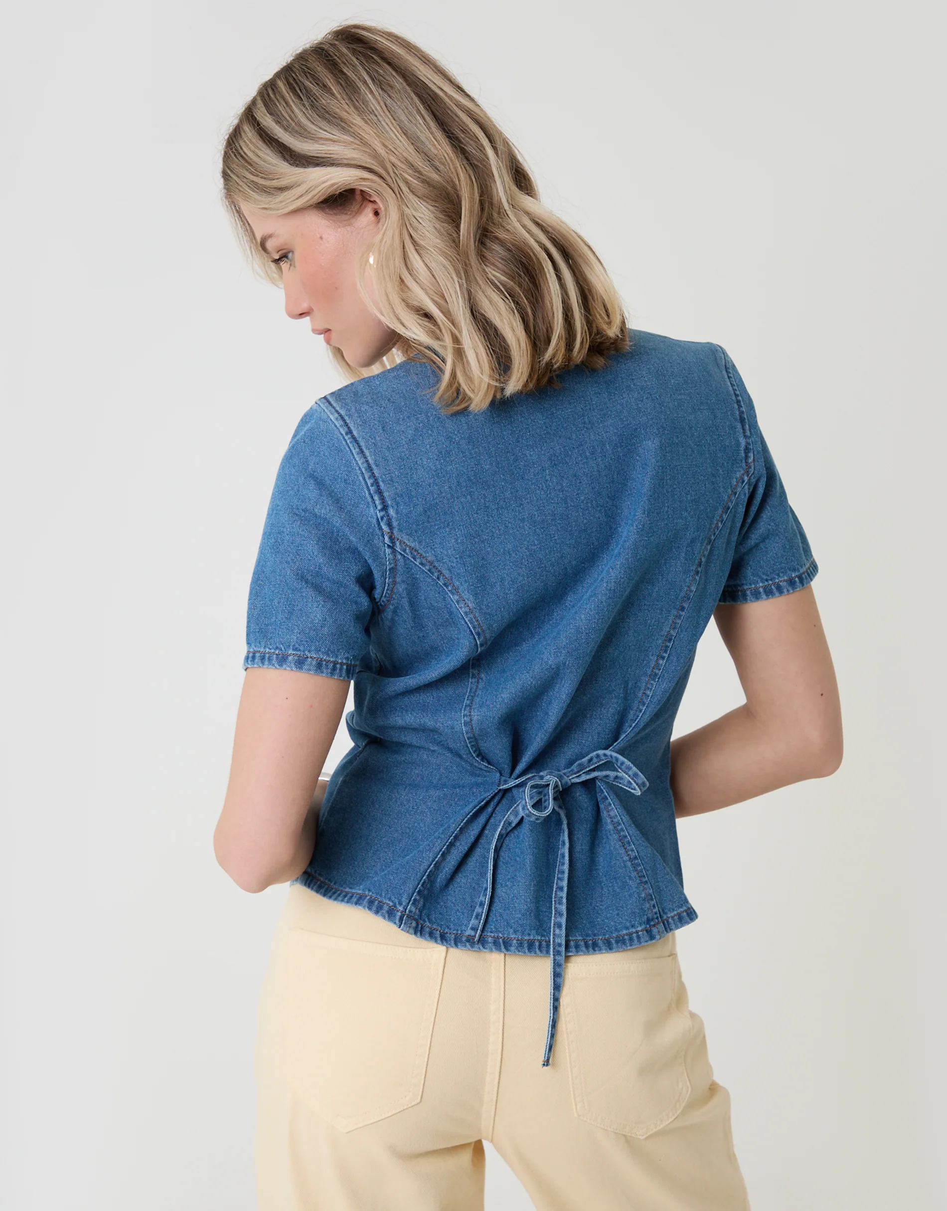 Denim Longline Angel Sleeve Top in Mid Wash - Image 2