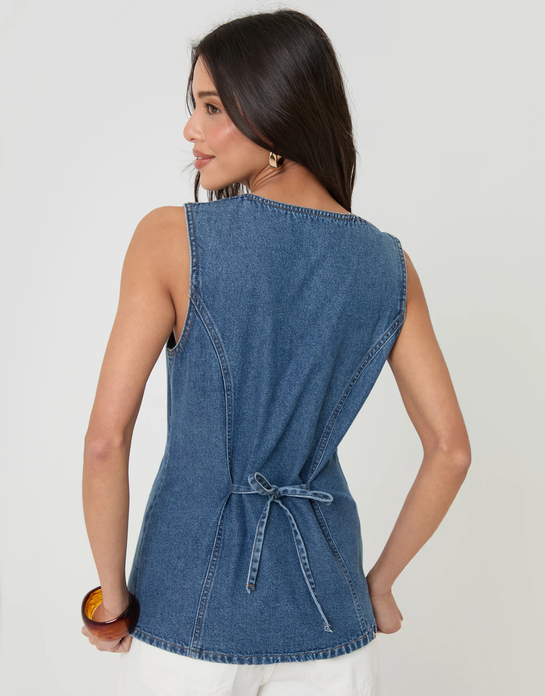 Denim Longline V-Neck Waistcoat in Mid Wash - Image 2