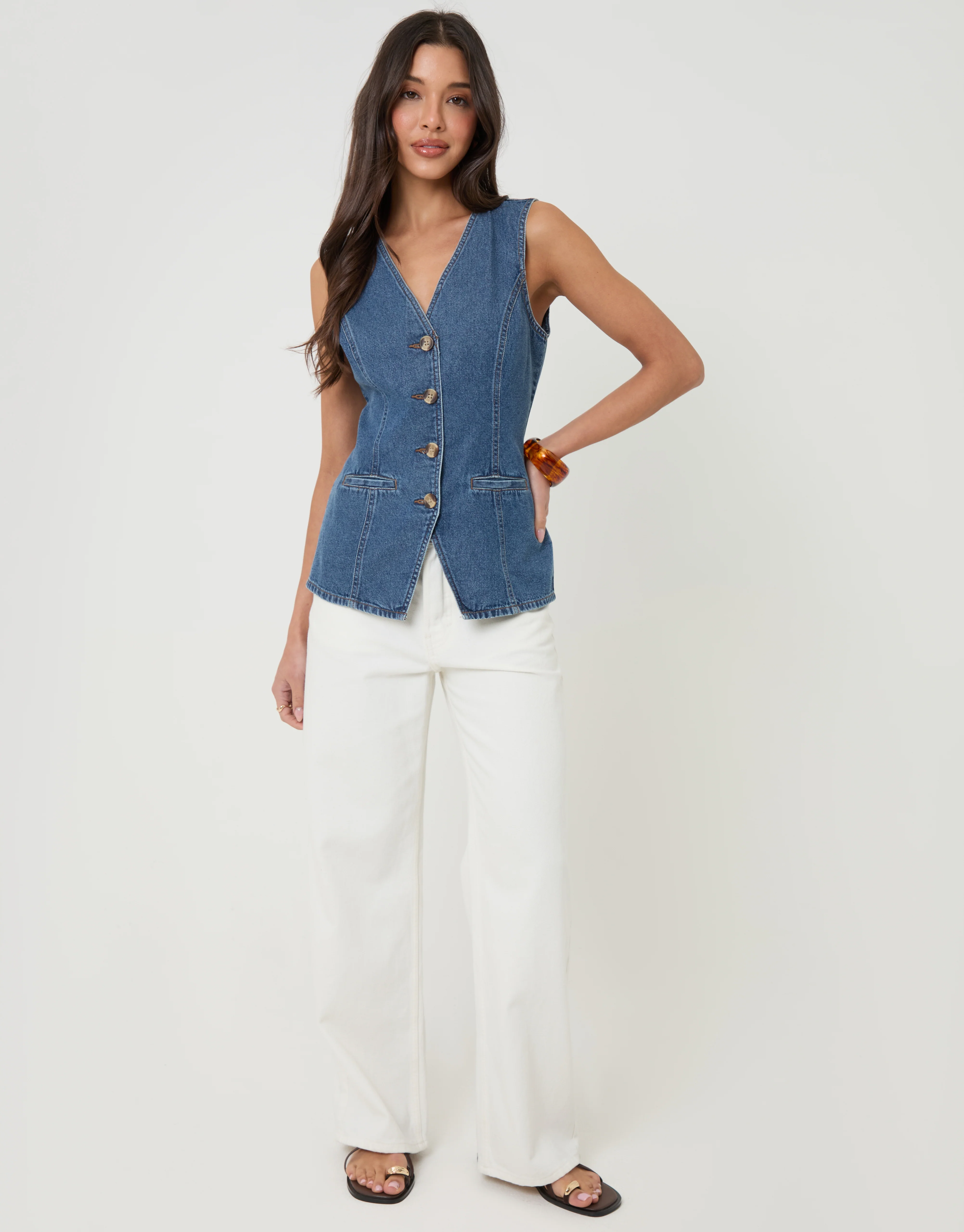Denim Longline V-Neck Waistcoat in Mid Wash - Image 3