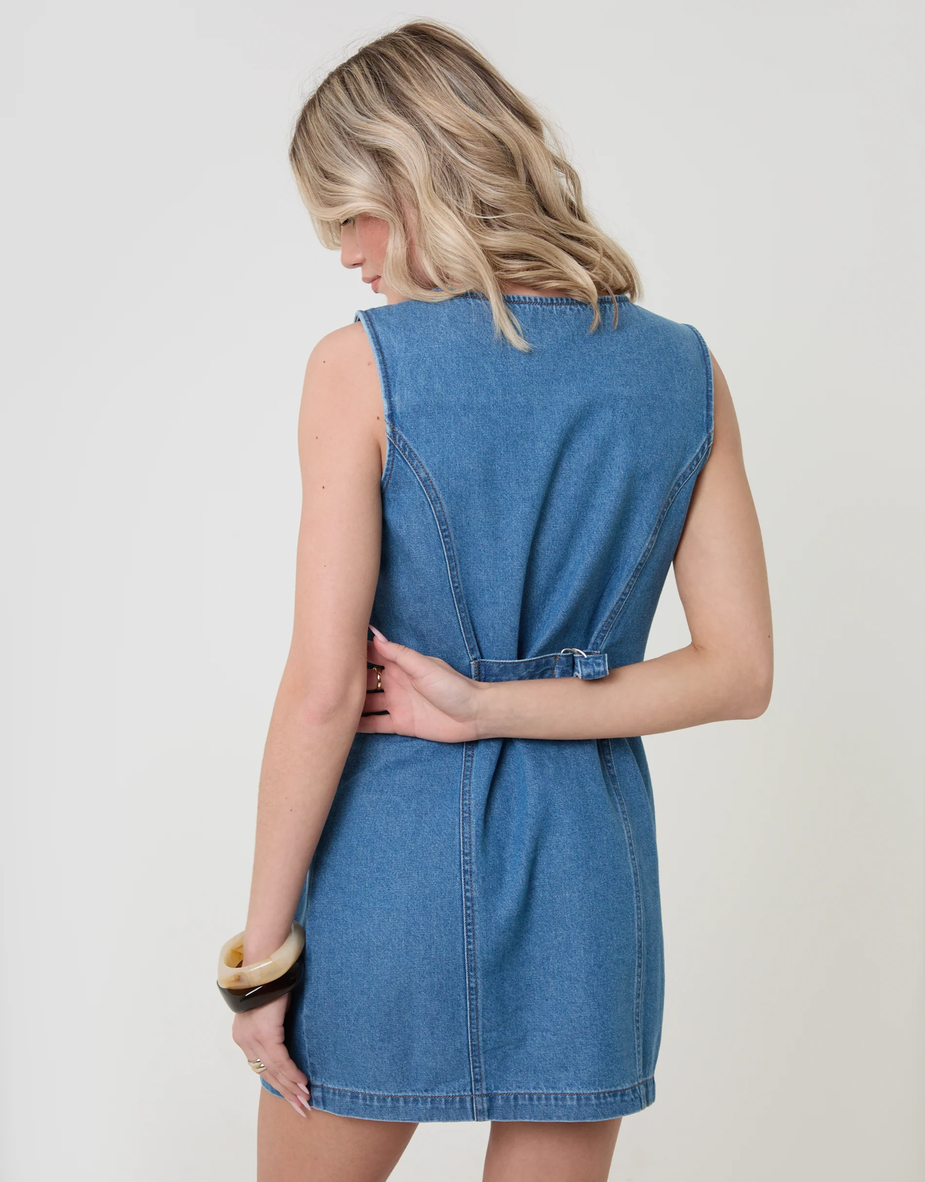 Denim Pinafore Mini Dress in Mid Wash - Image 2