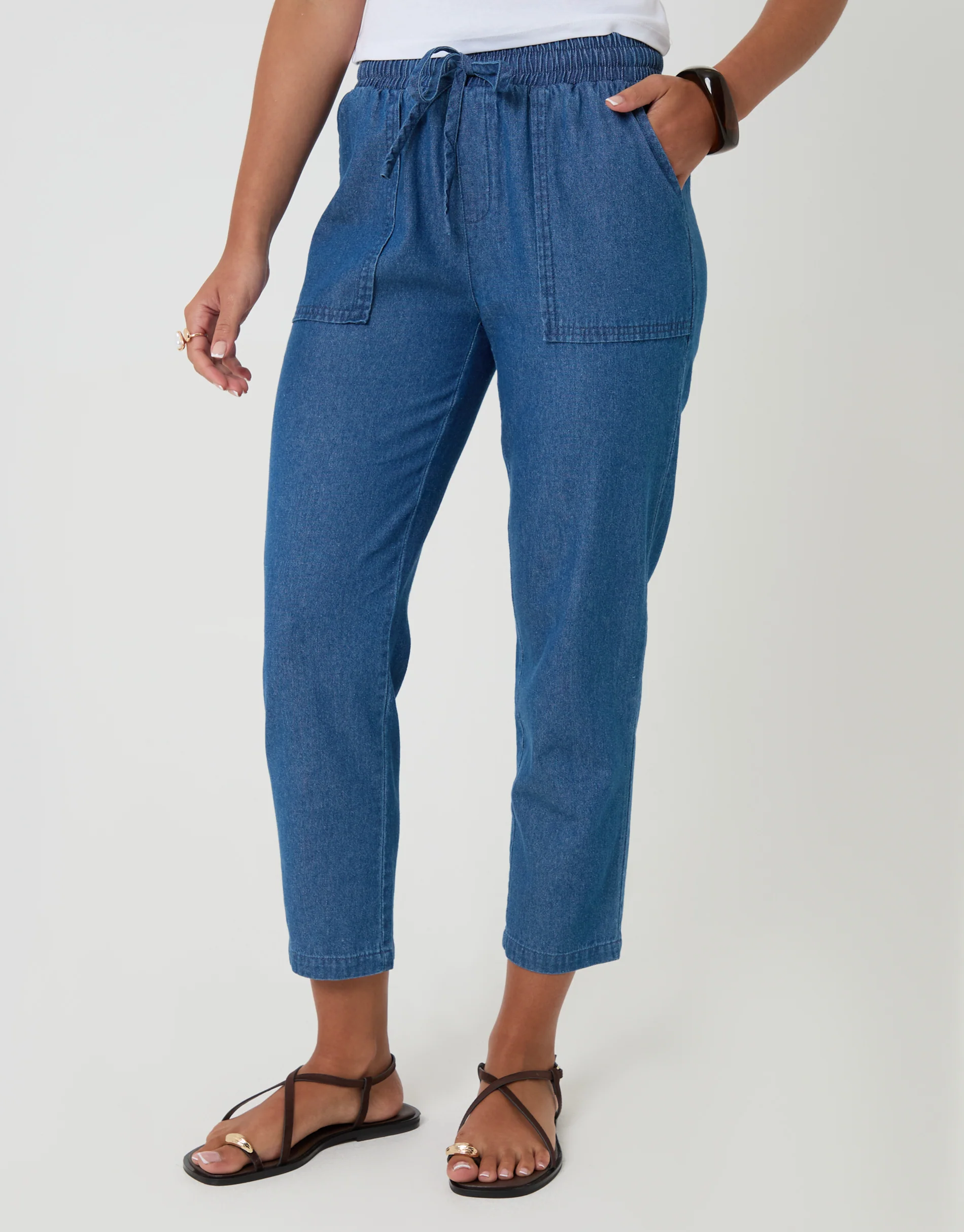 Drawstring Waist Barrel Leg Jeans in Mid Wash - Image 2