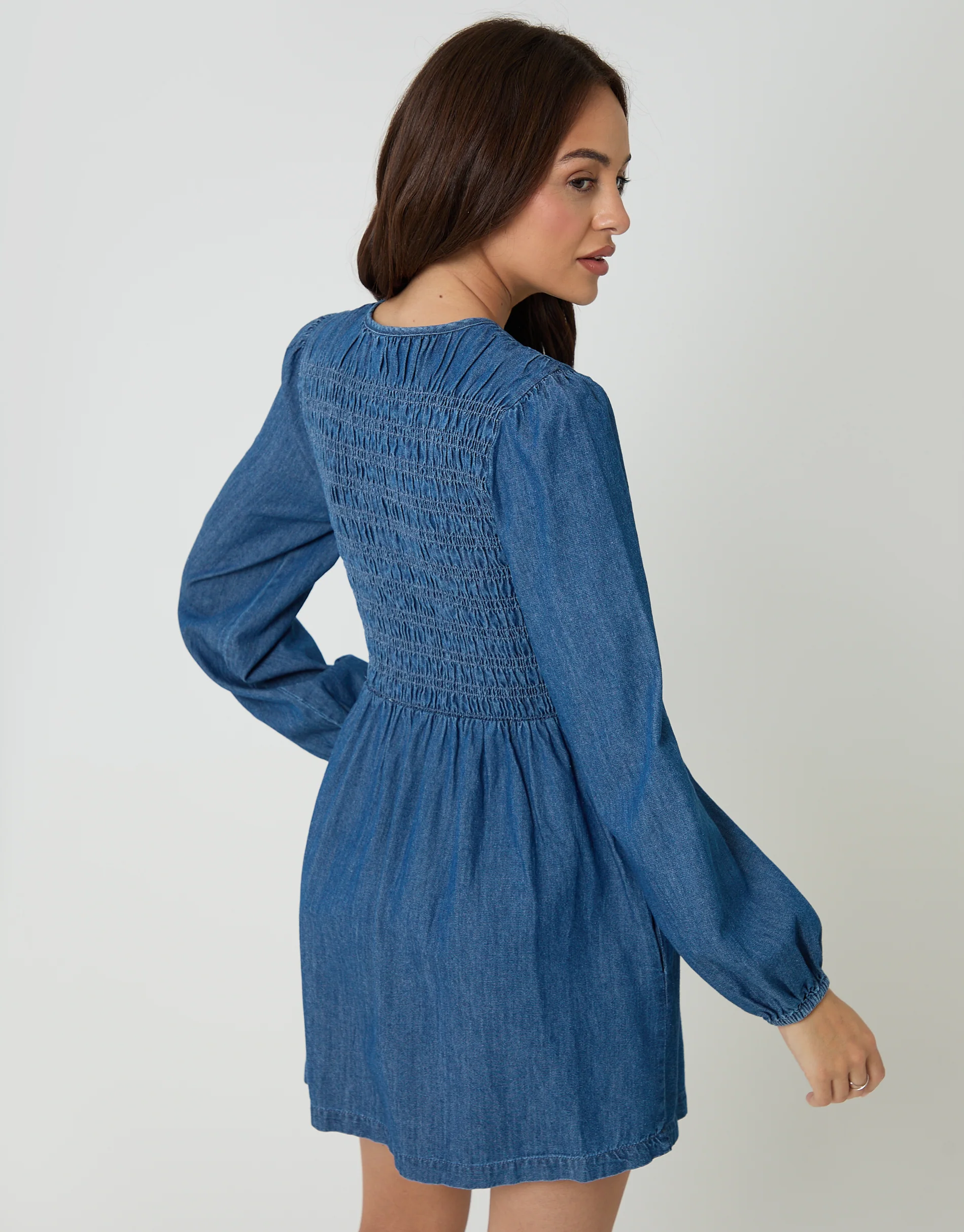 Shirred Denim Button Up Mini Dress in Mid Wash - Image 4