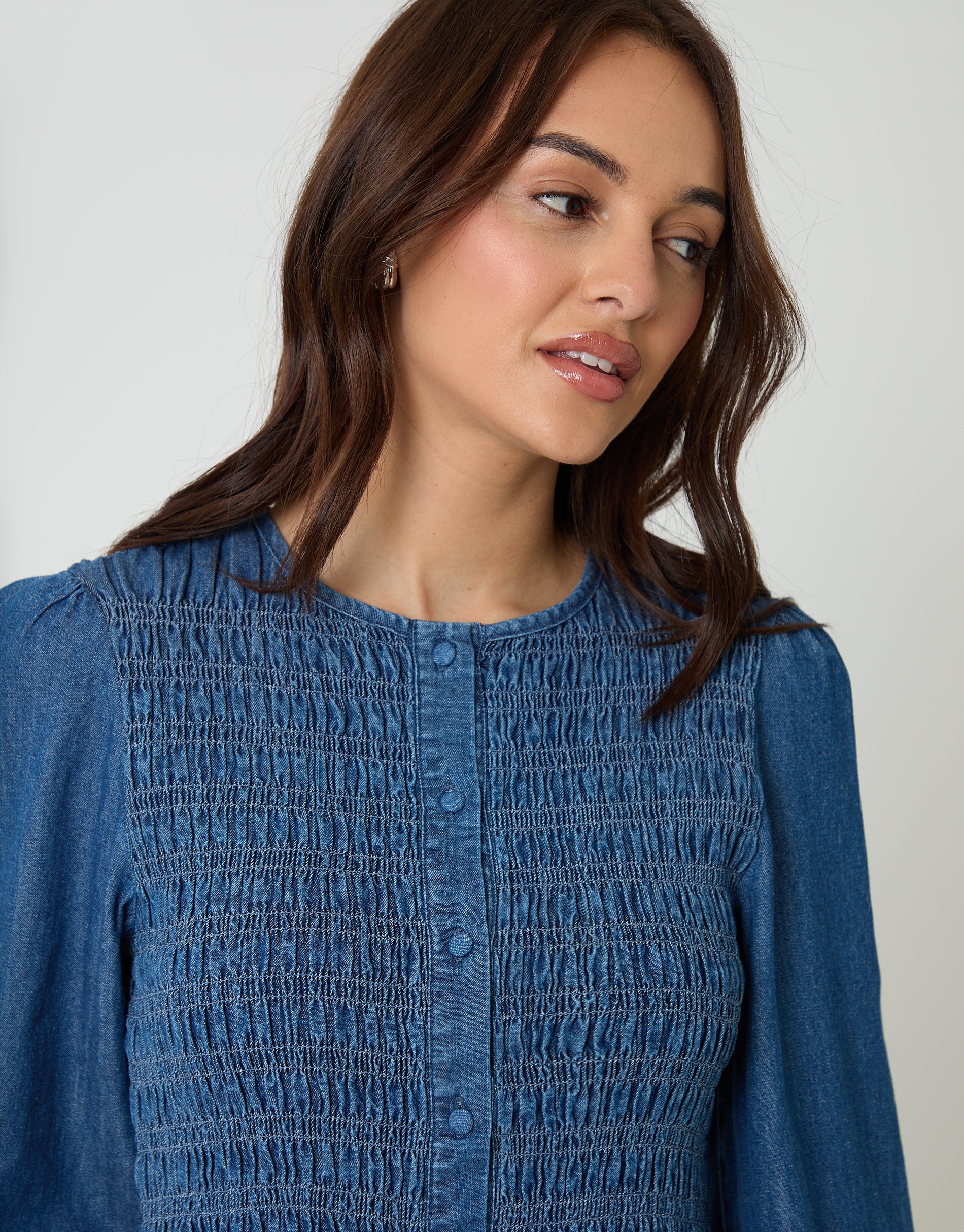 Shirred Denim Button Up Mini Dress in Mid Wash - Image 5