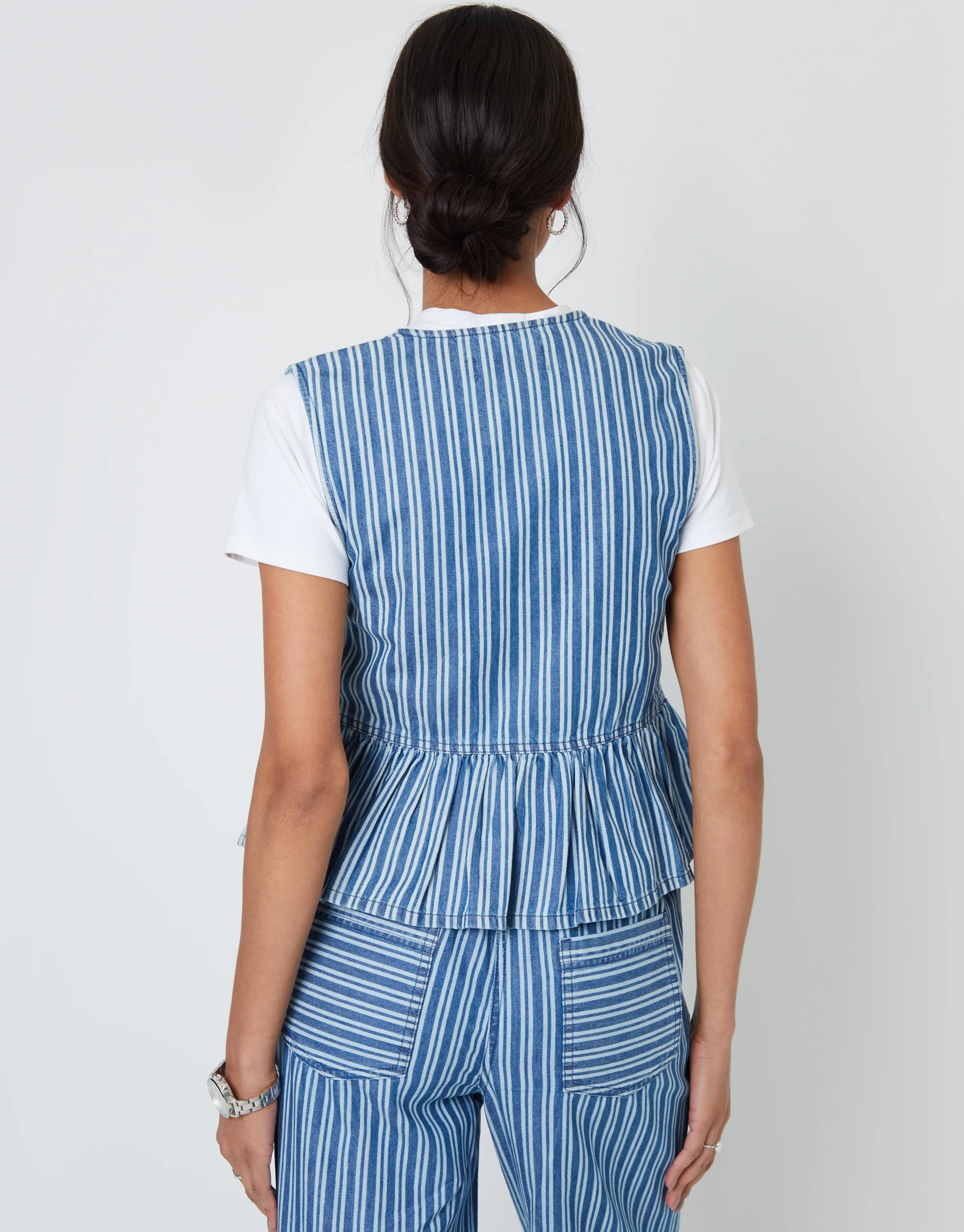 Tie Front Denim Waistcoat in Mid Wash Stripe - Image 2