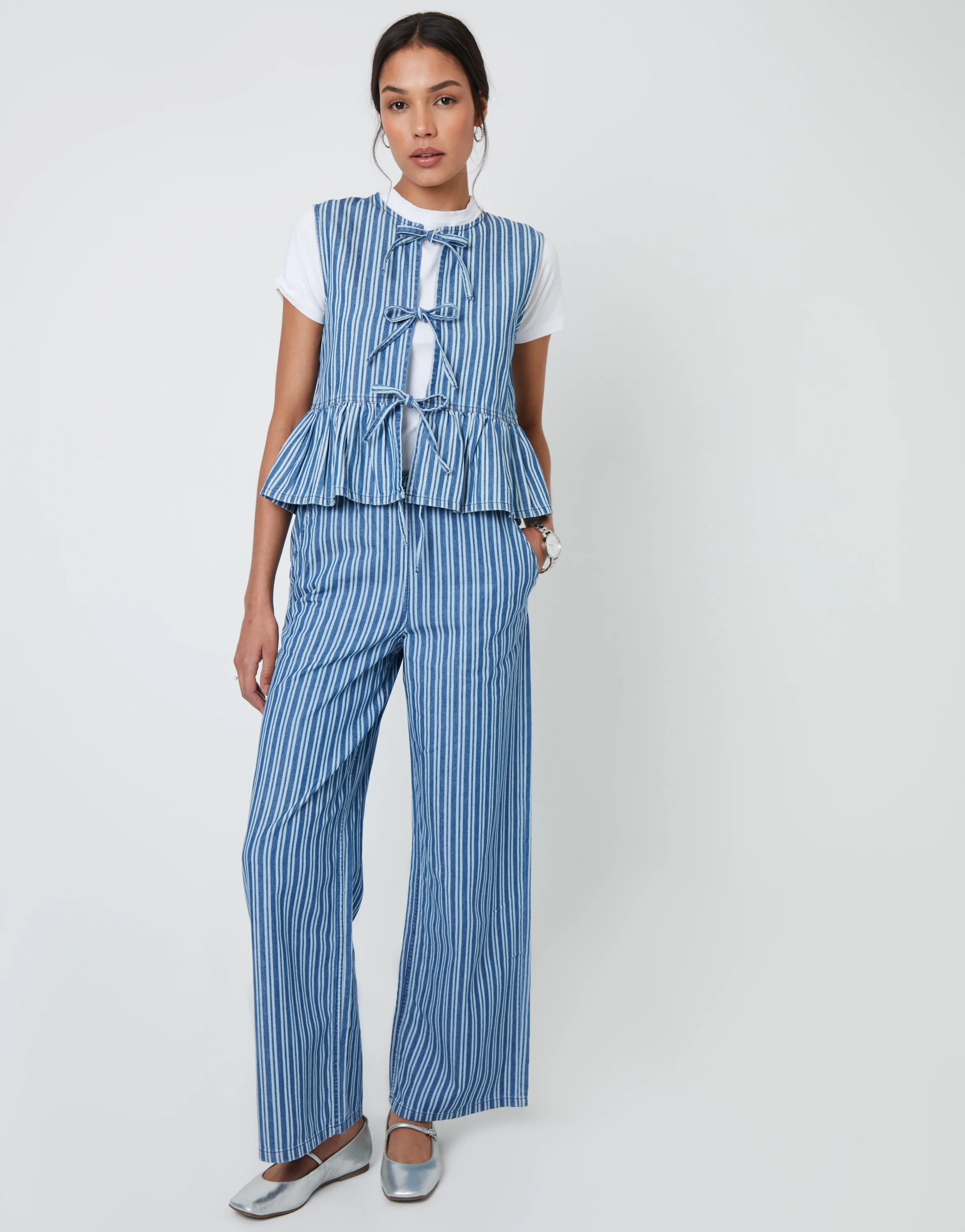 Tie Front Denim Waistcoat in Mid Wash Stripe - Image 3