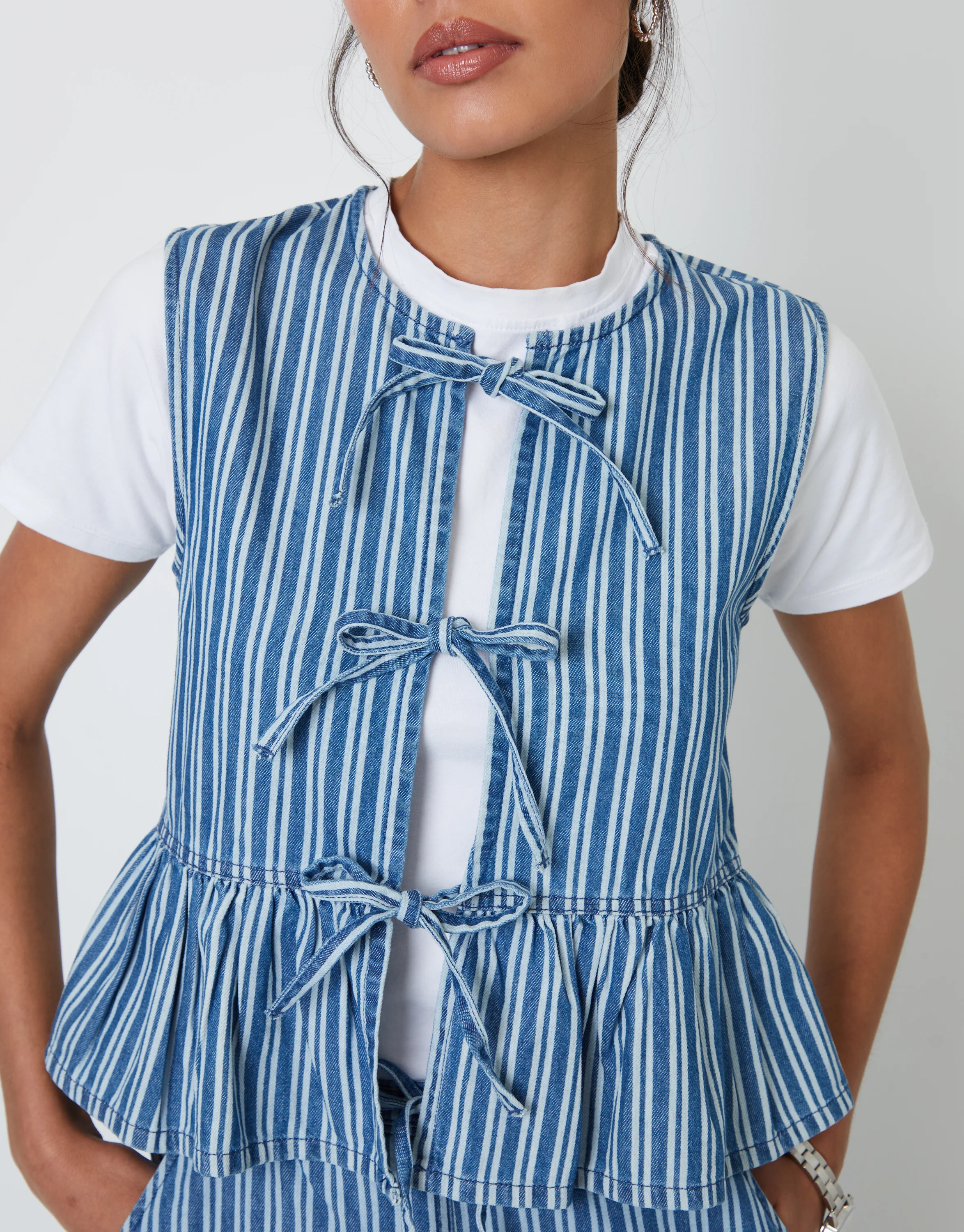 Tie Front Denim Waistcoat in Mid Wash Stripe - Image 5
