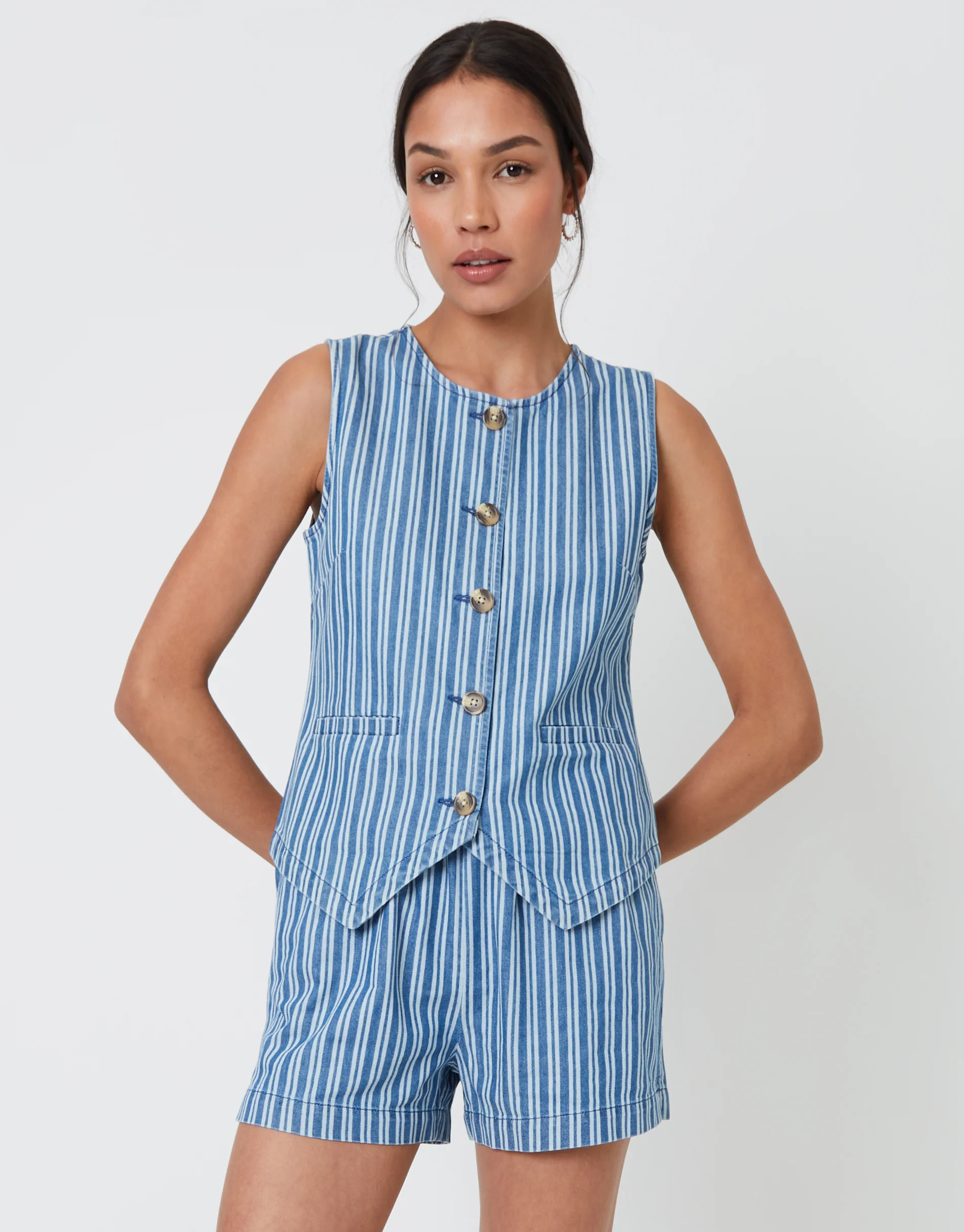 Crew Neck Denim Waistcoat in Mid Wash Stripe