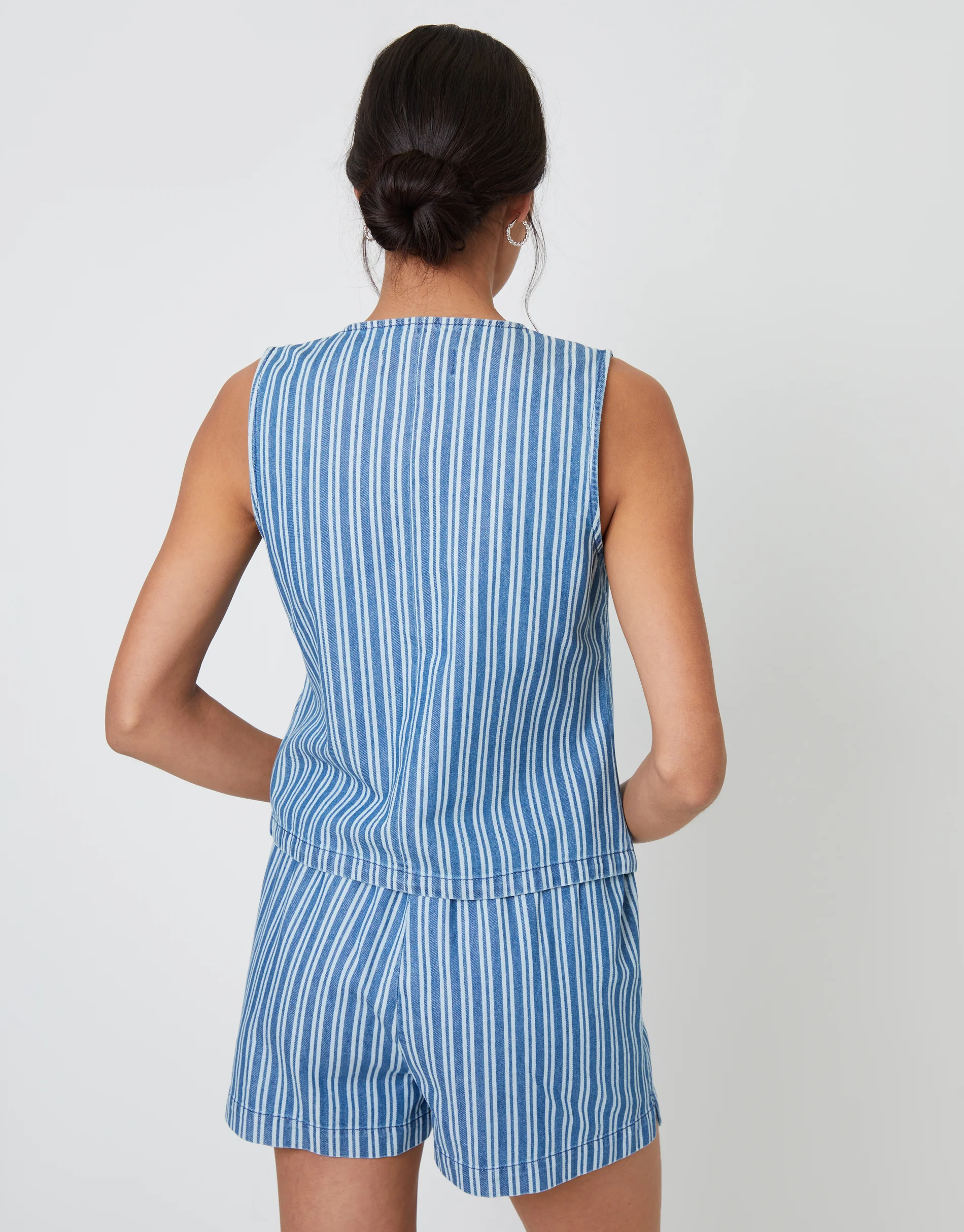 Crew Neck Denim Waistcoat in Mid Wash Stripe - Image 3