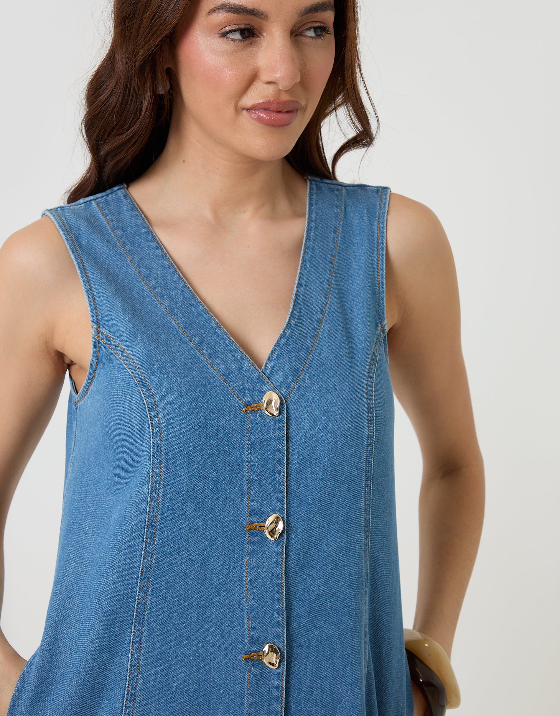 Waistcoat Denim Mini Dress in Mid Wash - Image 4