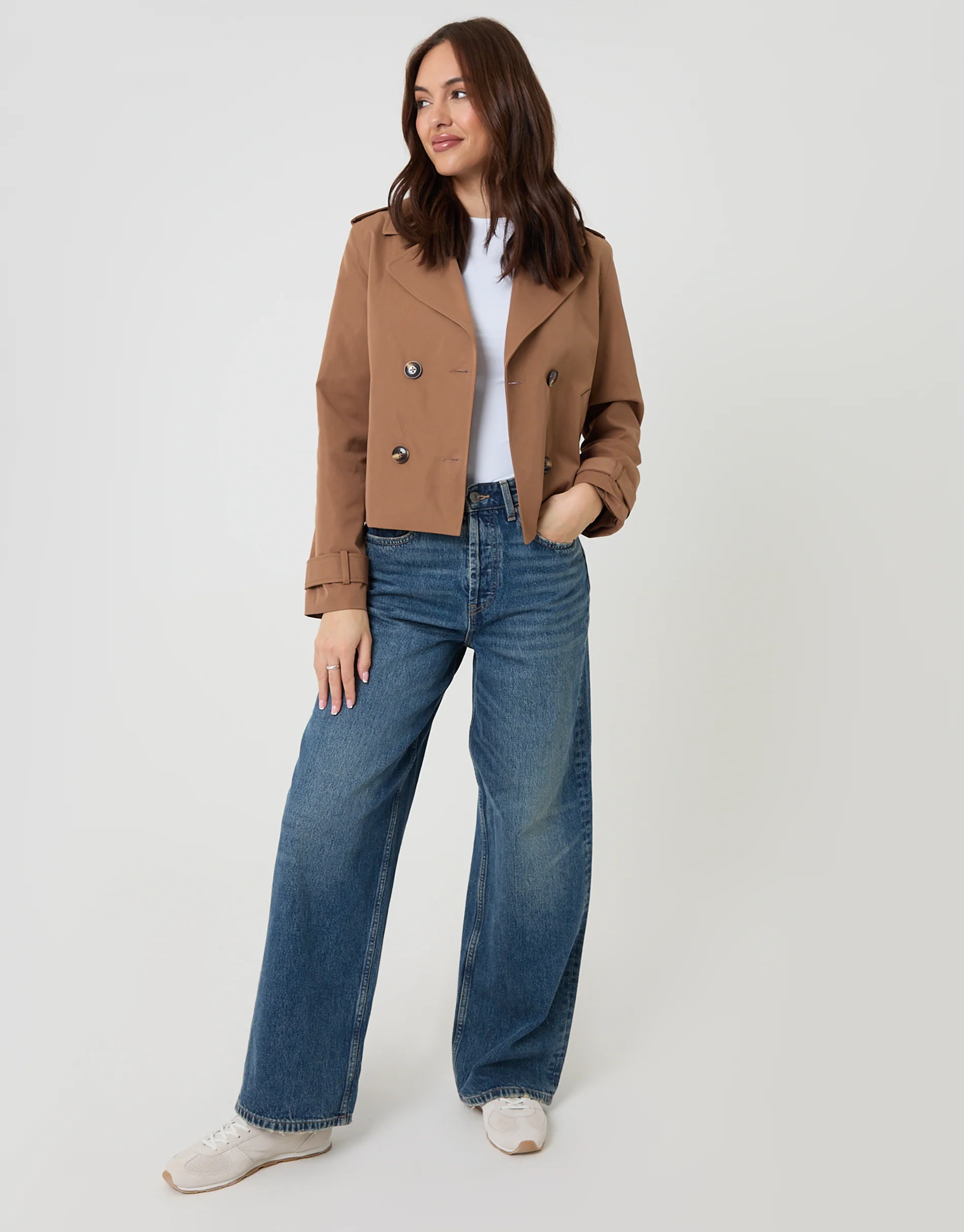 Double Breasted Cropped Trench Coat in Mocha Brown - Image 3