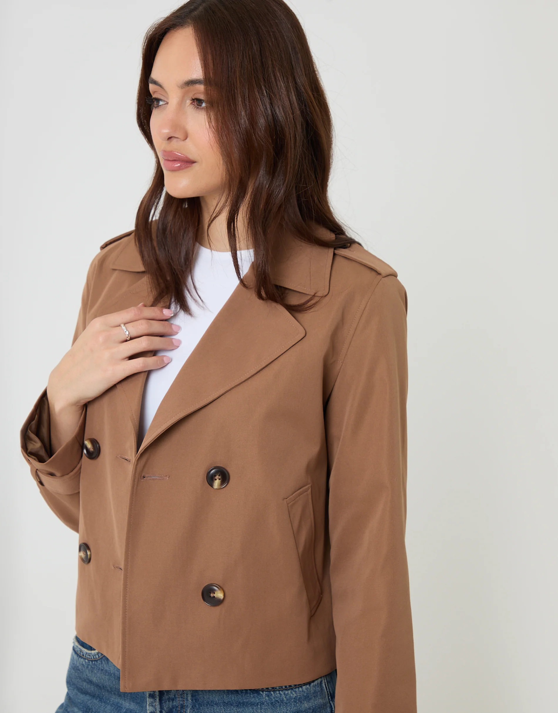 Double Breasted Cropped Trench Coat in Mocha Brown - Image 4