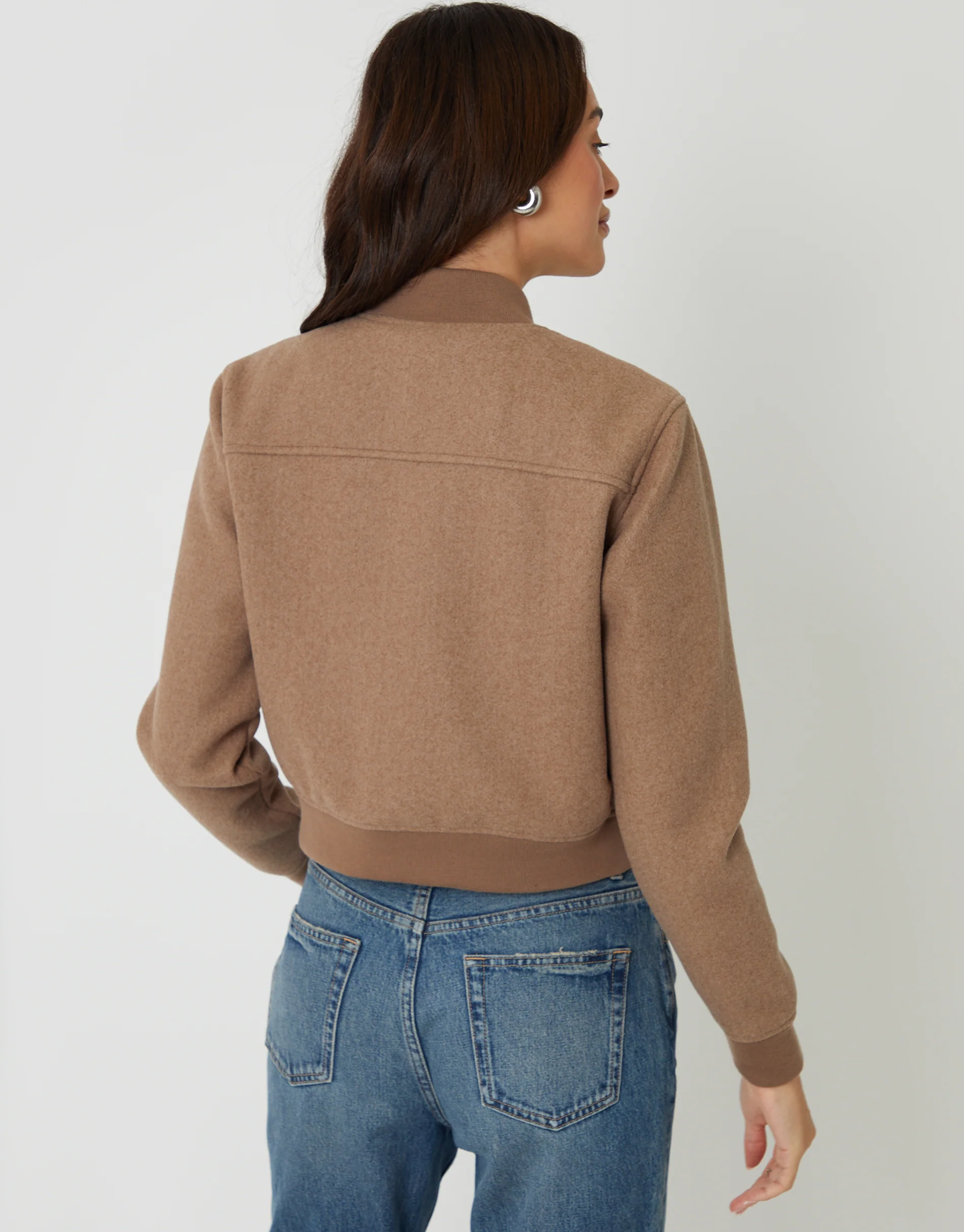 Faux Wool Bomber Jacket in Mocha Brown - Image 2