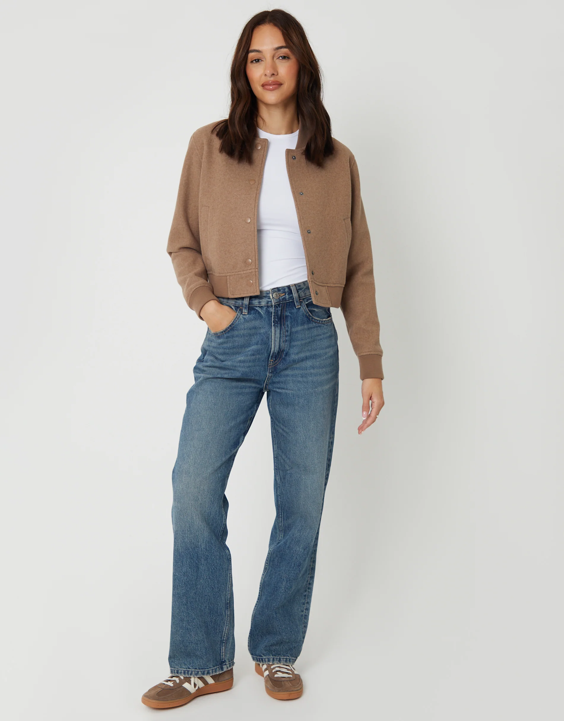 Faux Wool Bomber Jacket in Mocha Brown - Image 3