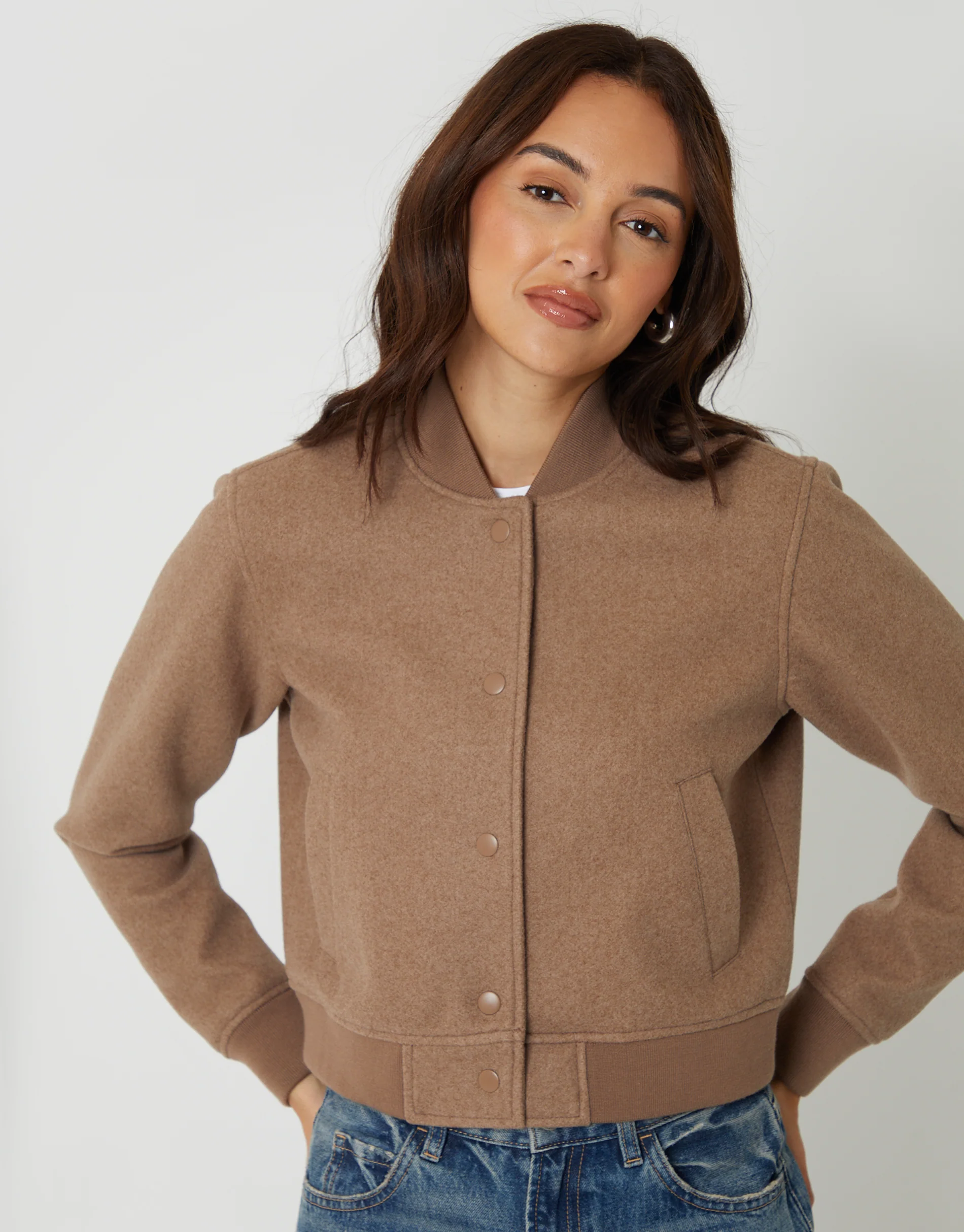 Faux Wool Bomber Jacket in Mocha Brown - Image 4