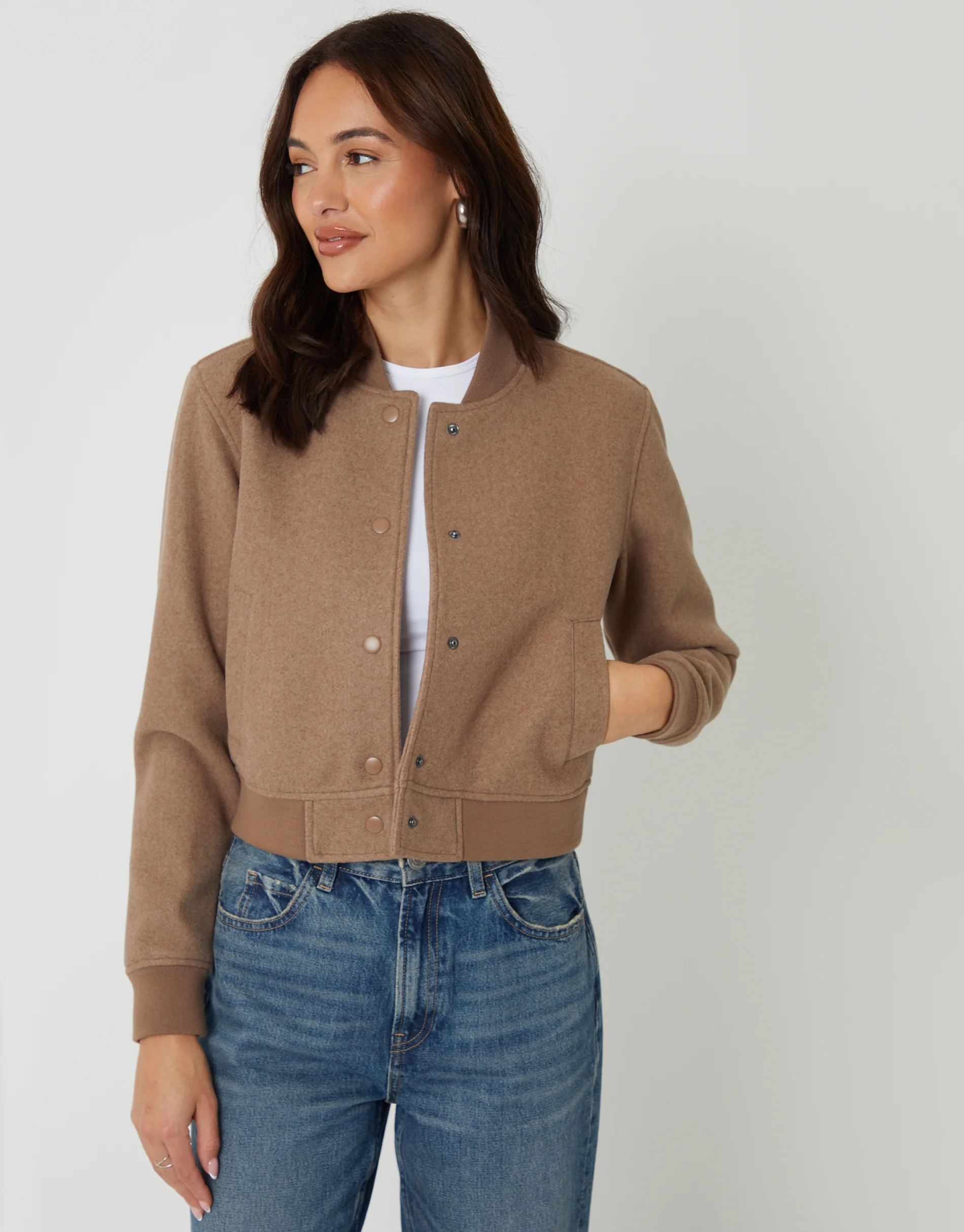 Faux Wool Bomber Jacket in Mocha Brown - Image 5