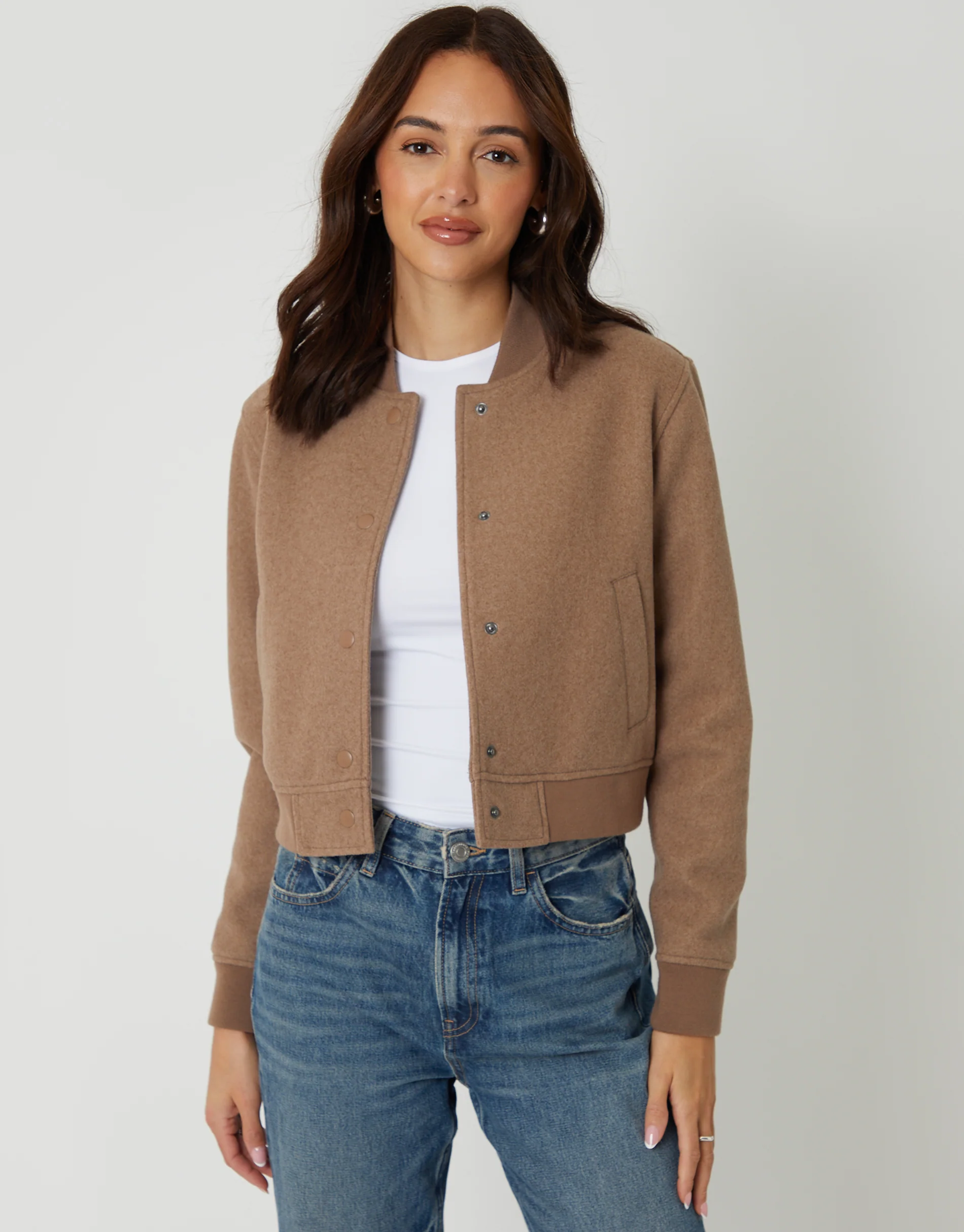 Faux Wool Bomber Jacket in Mocha Brown - Image 6