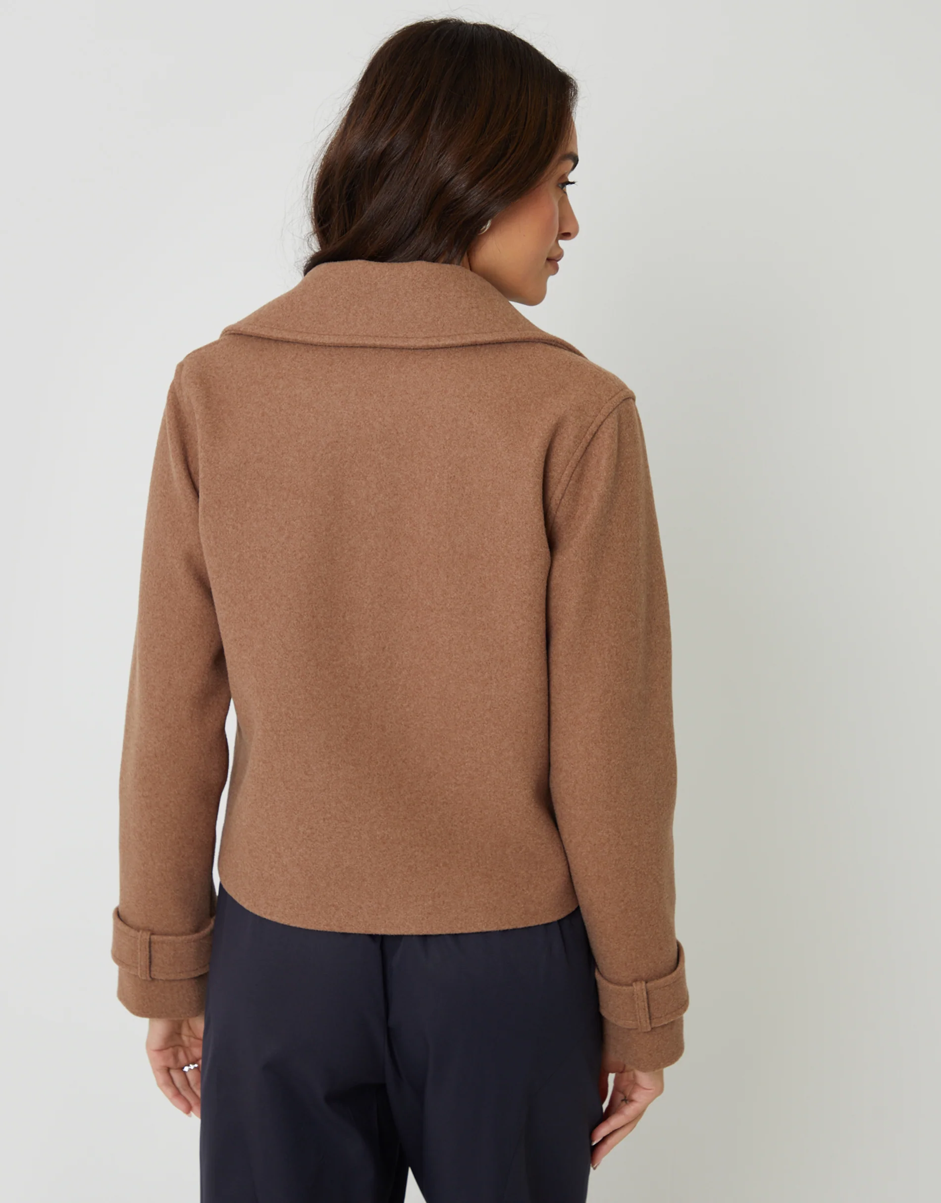 Faux Wool Cropped Trench Coat in Mocha Brown - Image 2