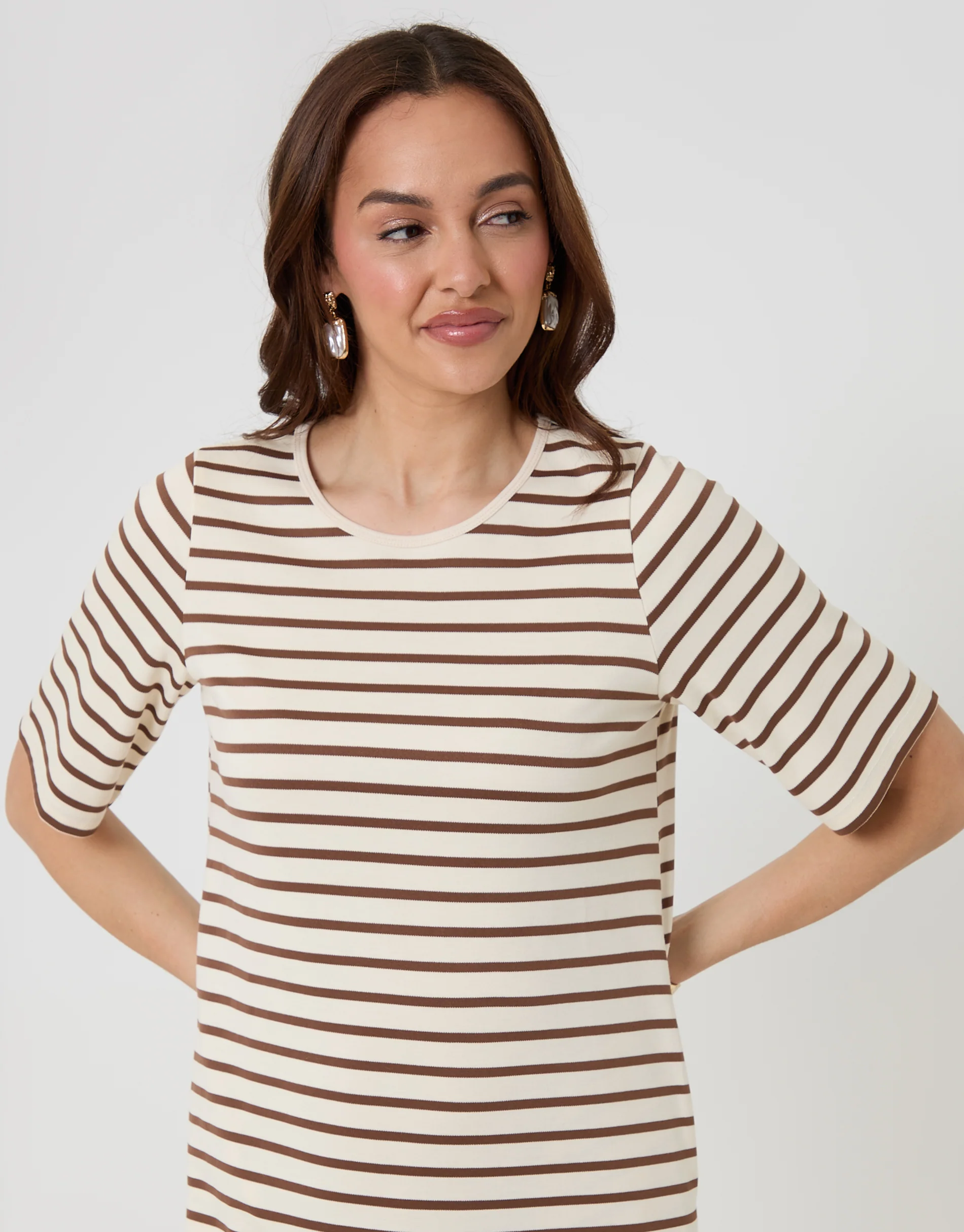 Jersey Maxi T-Shirt Dress in Mocha Brown Stripe - Image 4
